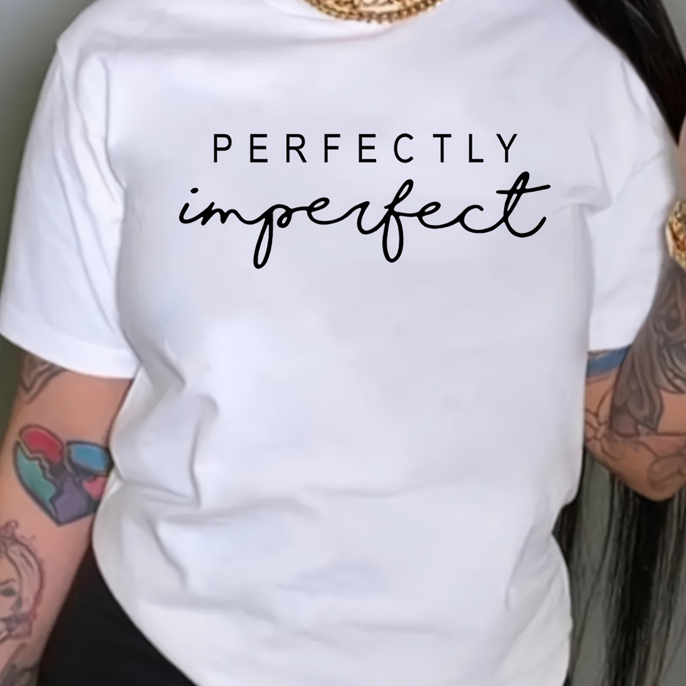 

Perfectly Imperfect Print Crew Neck Graphic T-shirt, Solid Short Sleeve Fashion Loose Tee, Women's Tops