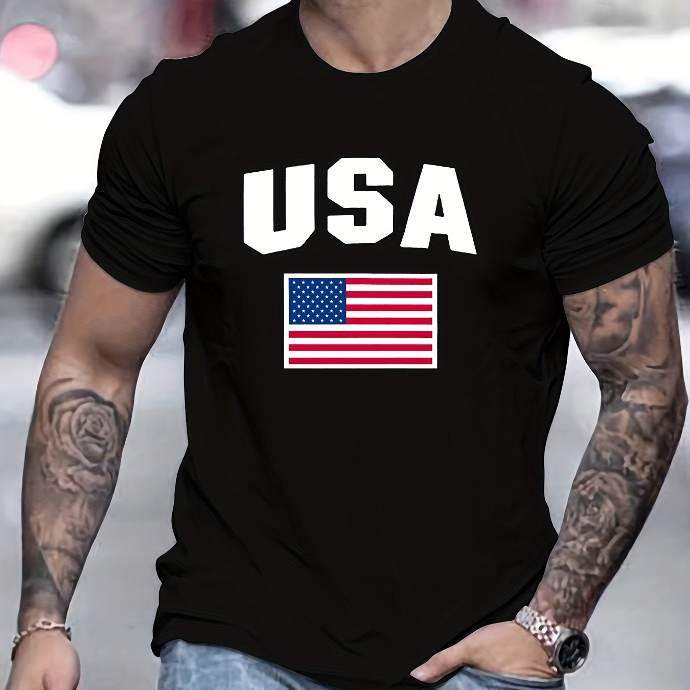 

Usa Flag Pattern Men's T-shirt For Summer Outdoor, Men's Trendy Tops, Gift For Men