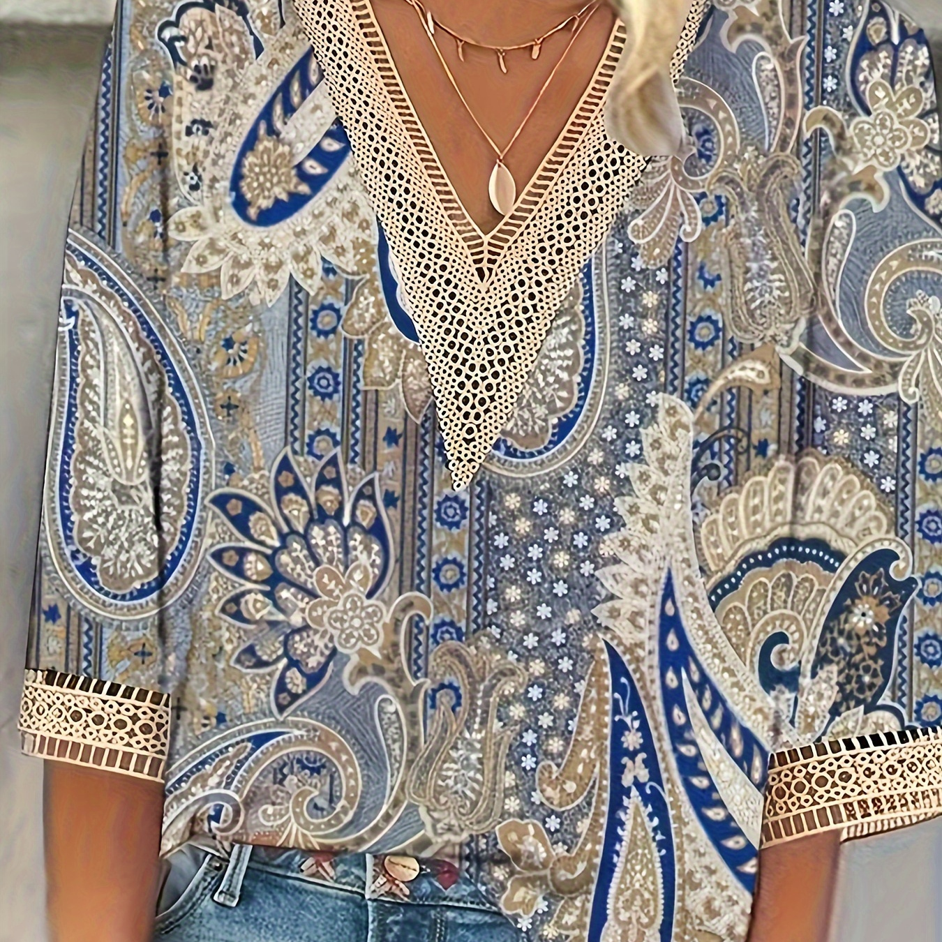 

Paisley Print V Neck Blouse, Boho Contrast Lace 3/4 Sleeve Top For Spring & Summer, Women's Clothing