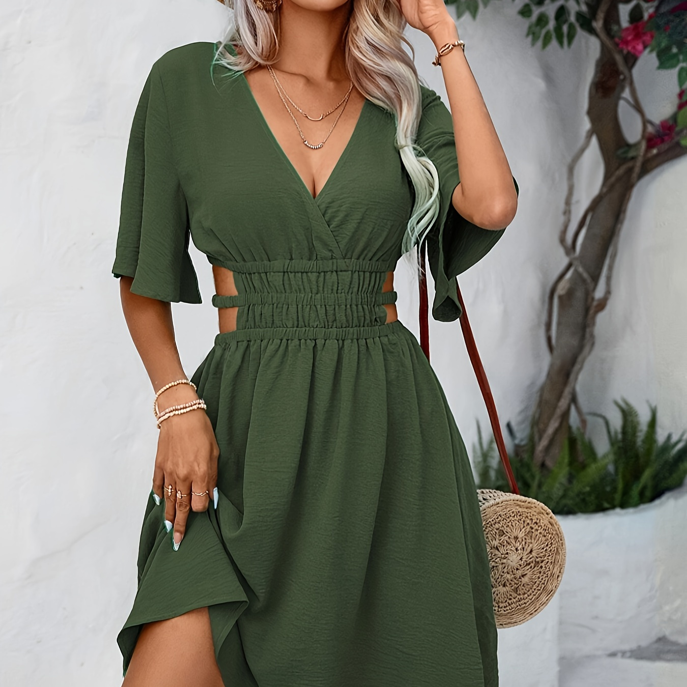 

Plunging Neck Cut Out Dress, Elegant Flare Sleeve Dress For Spring & Fall, Women's Clothing