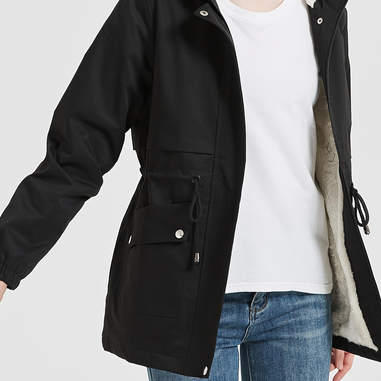 

Veste zippée doublée en peluche, manteau décontracté à manches longues avec cordon de serrage à la taille et capuche thermique pour l'hiver et l'automne, vêtements pour femmes