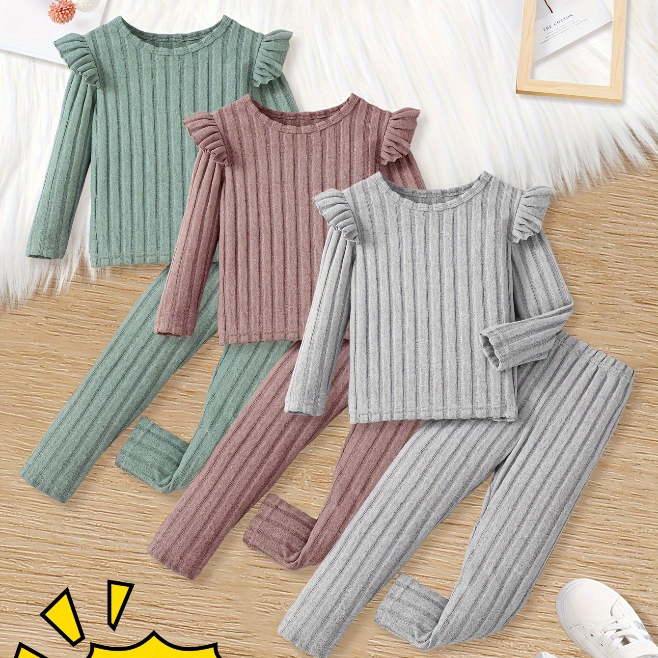 

Kids' Casual Knitted 3-piece Pant Set With Lettuce Trim, Crew Neck, Long Sleeve, Solid Color, Medium Stretch, Pullover Top And Long Pants, Spring/fall, Polyester/elastane Blend, Knit Fabric