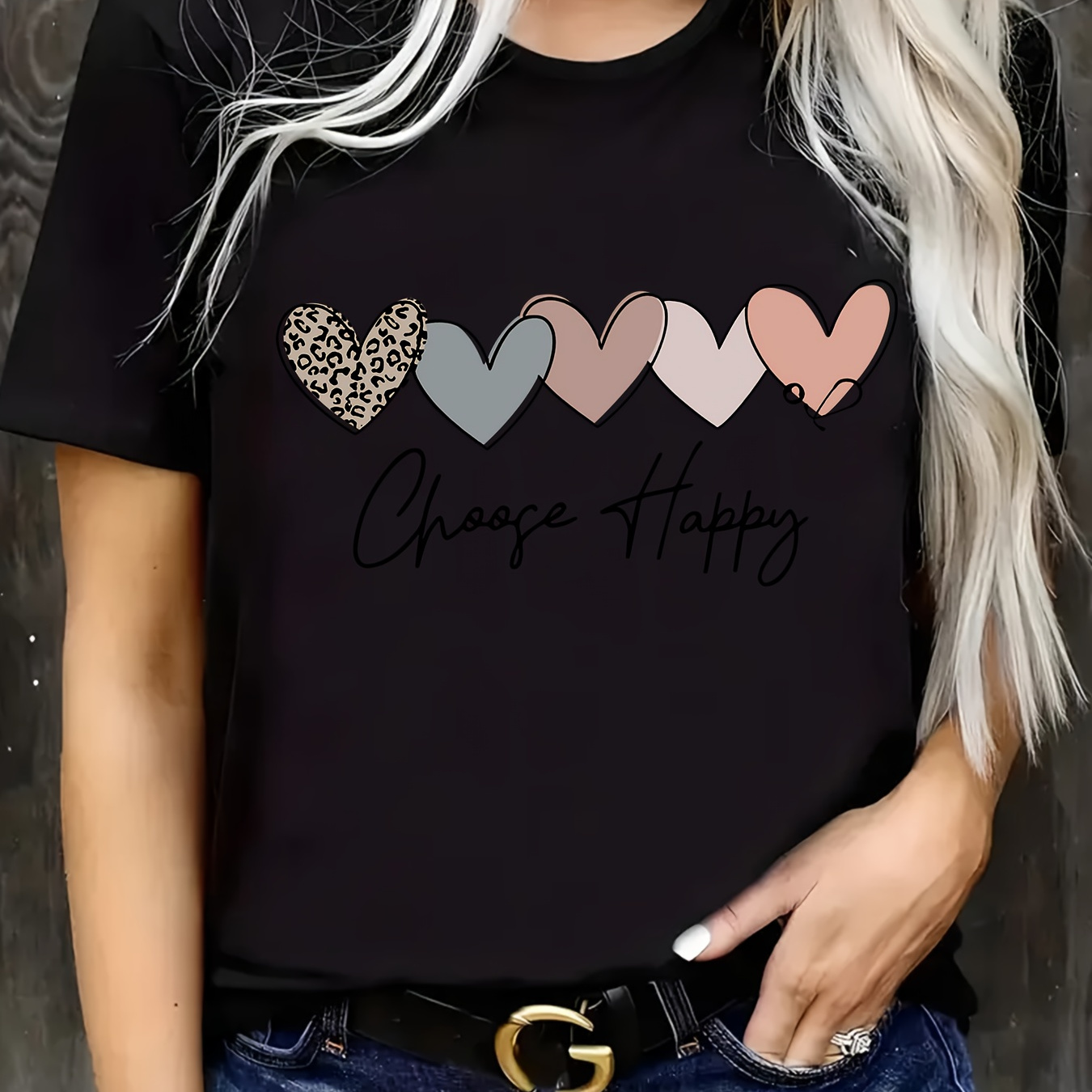 

Heart Print Crew Neck T-shirt, Casual Short Sleeve T-shirt For Spring & Summer, Women's Clothing