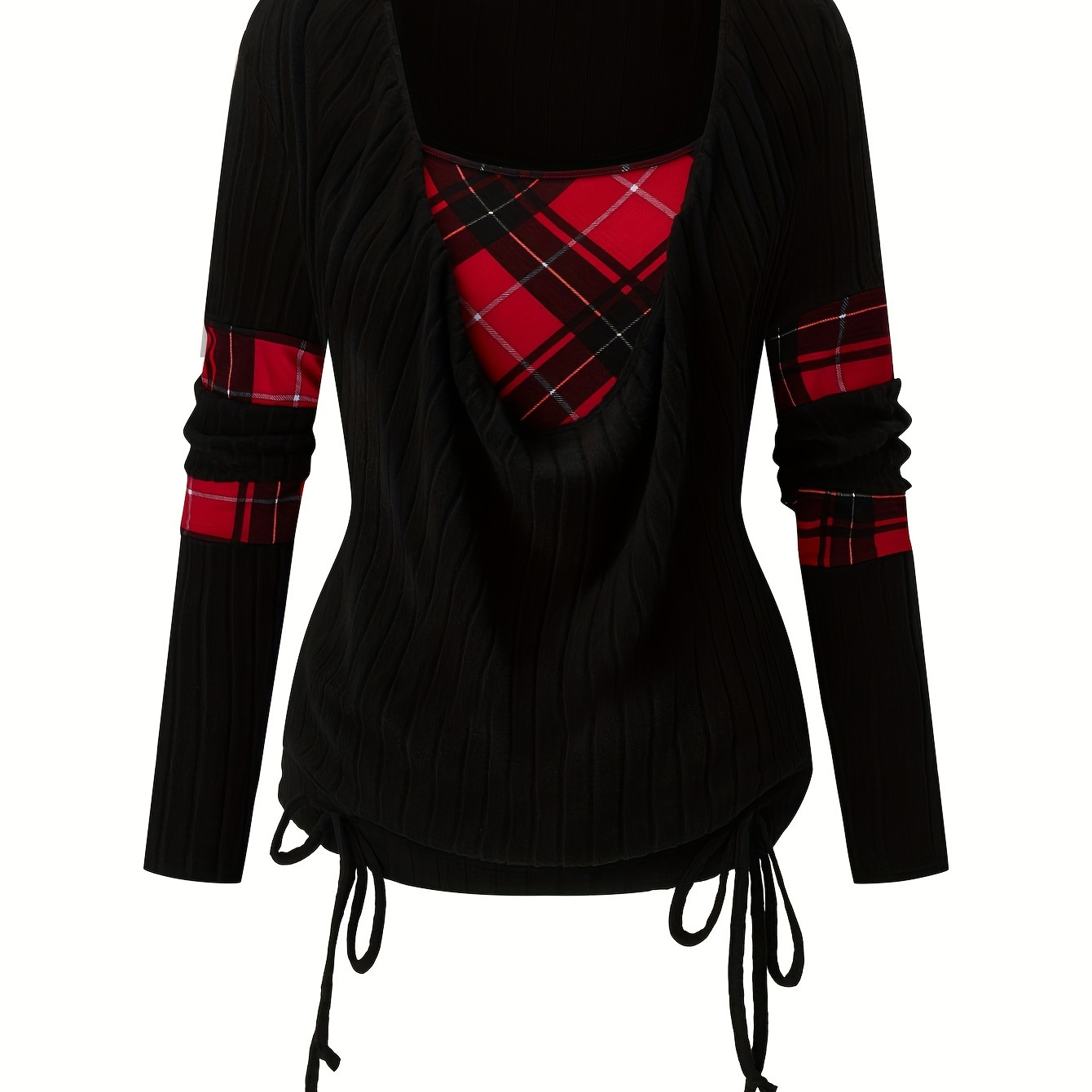 

Plus Size Casual Top, Women's Plus Colorblock Plaid Print Ribbed Long Sleeve Cowl Neck Medium Stretch Top
