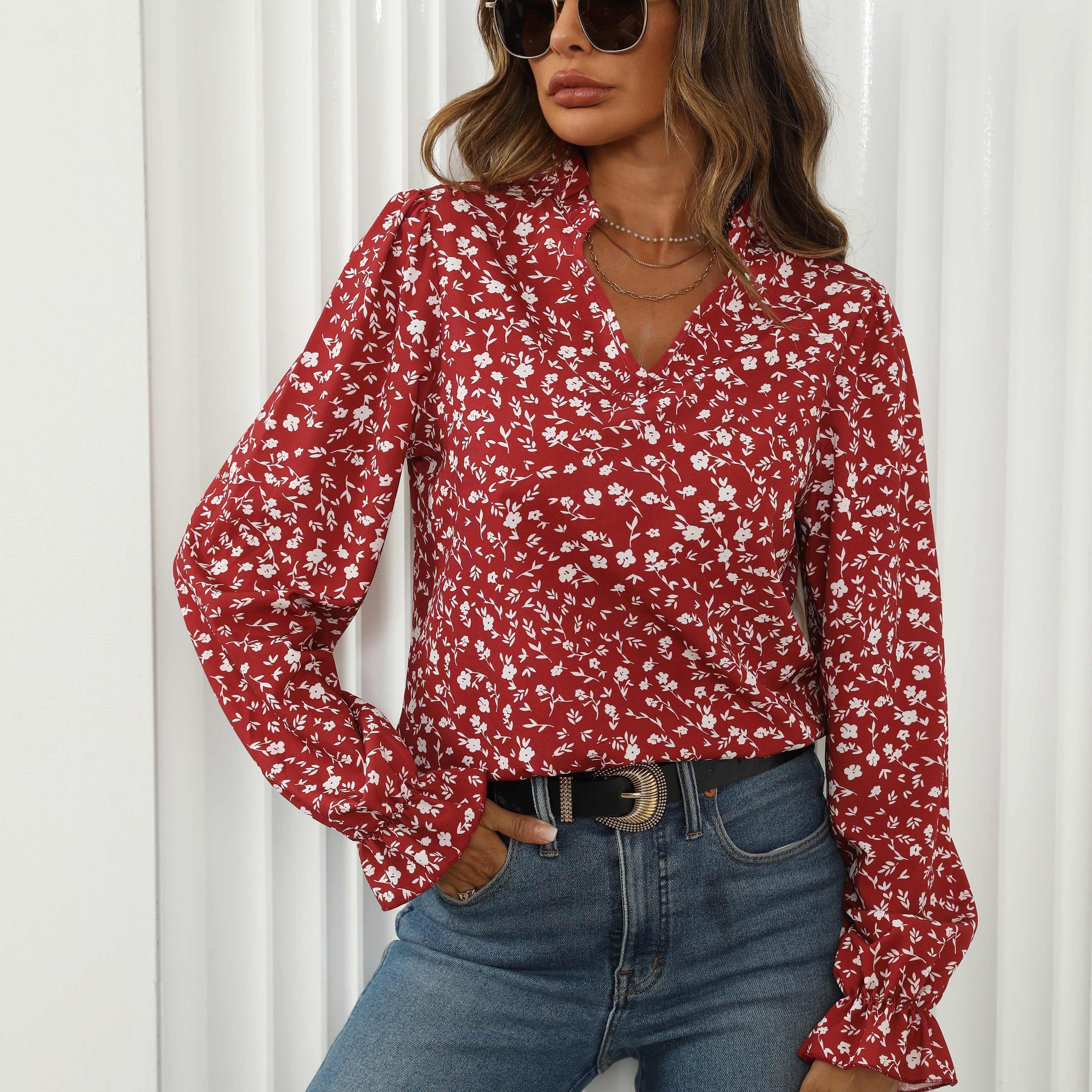 

Floral Print V Neck Blouse, Ruffle Trim Casual Long Sleeve Blouse For Spring & Fall, Women's Clothing