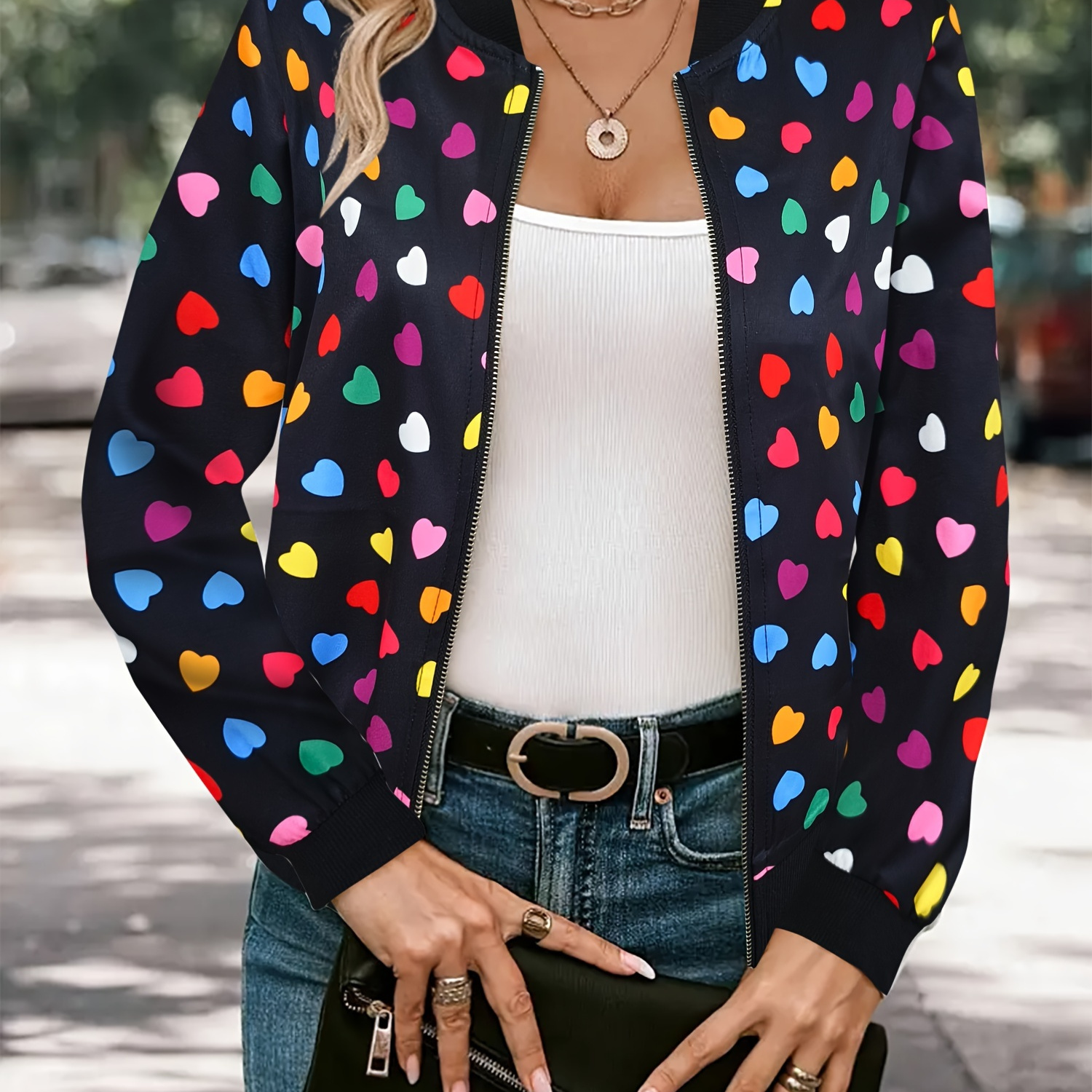 

Heart Print Zip Up Jacket, Casual Long Sleeve Daily Wear Bomber Jacket For Spring & Fall, Women's Clothing