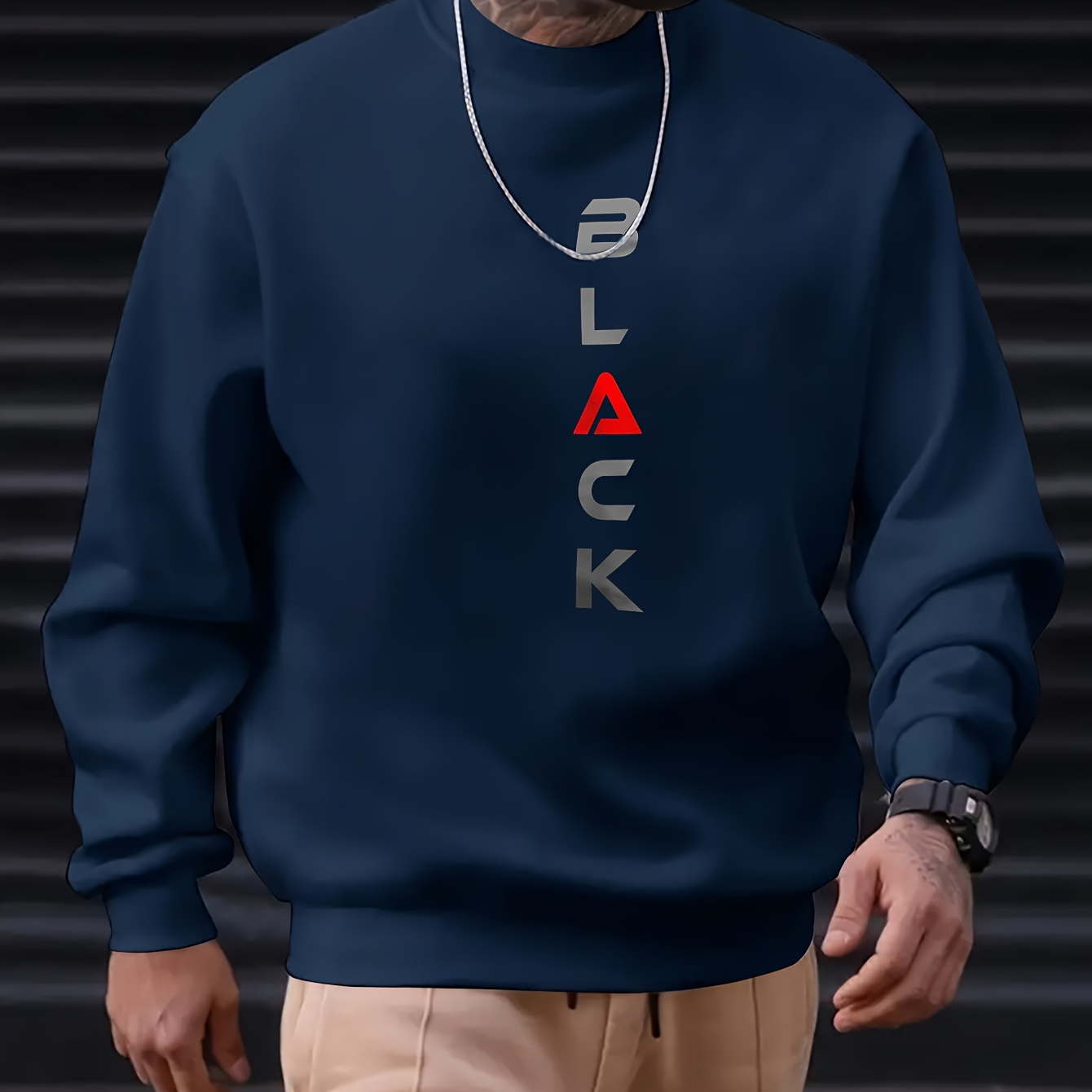 

Black Print Men's Casual Pullover Sweatshirt With Round Neck, Comfortable Fashion Top For Spring/ Autumn