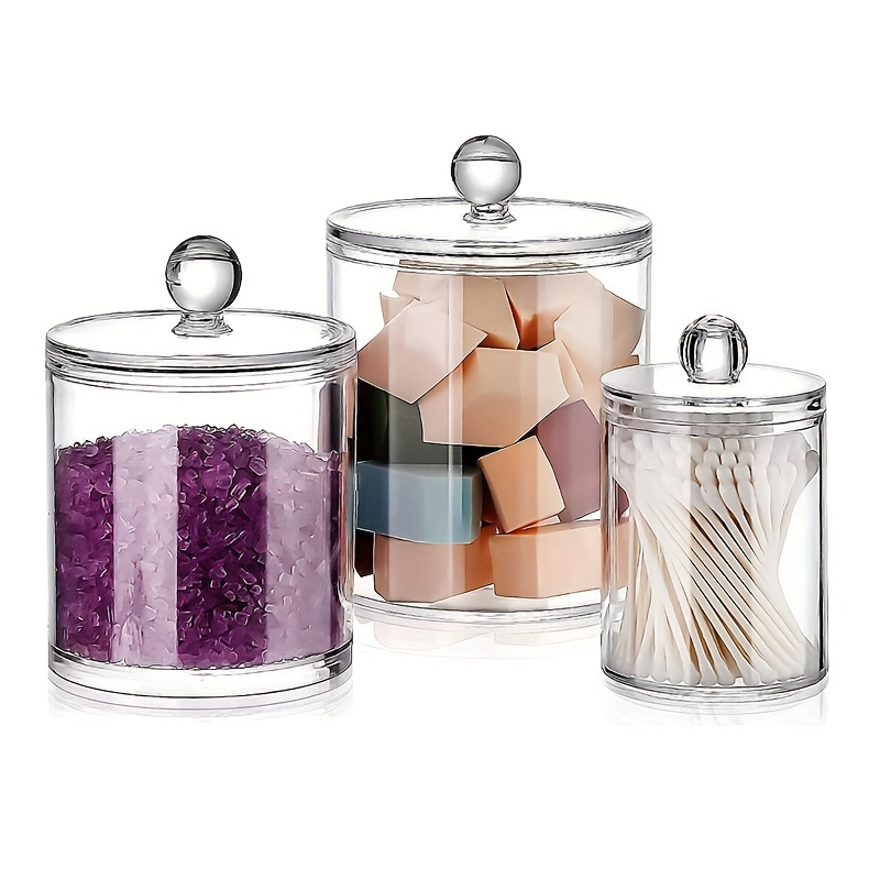

3 Pack Acrylic Apothecary Jars With Lid Set, Clear Holder Dispenser Storage Box Bathroom Organizer Canisters For Cotton Swab Floss Makeup Sponges