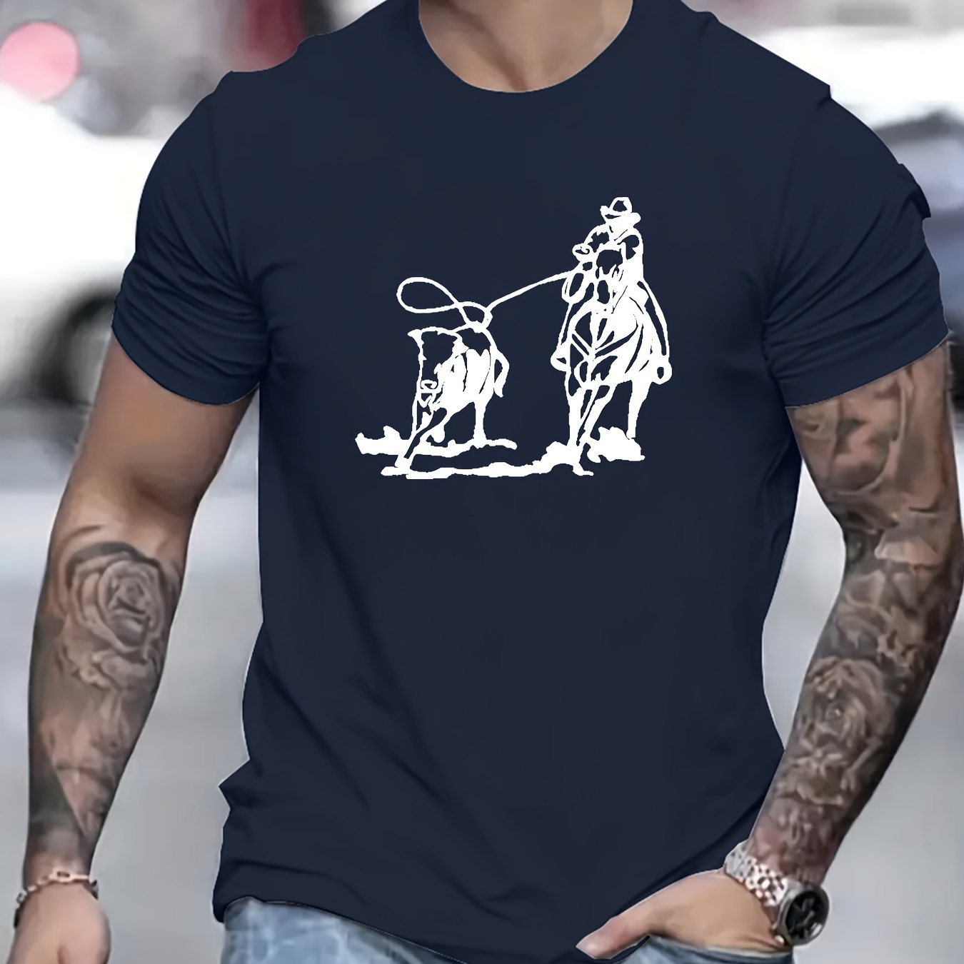 

Cowboy Illustration Print Men's Casual T-shirt, Short Sleeve Tee Tops, Summer Outdoor Sports Clothing