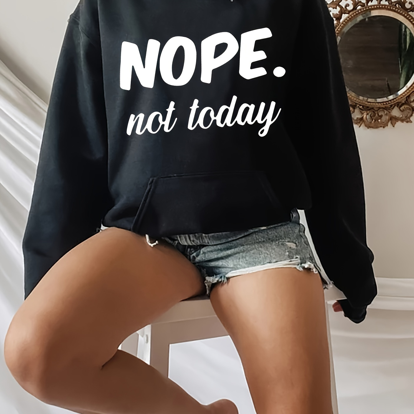 

Nope Not Today Print Hoodies, Long Sleeve Drawstring Casual Sweatshirt For Spring & Fall, Women's Clothing