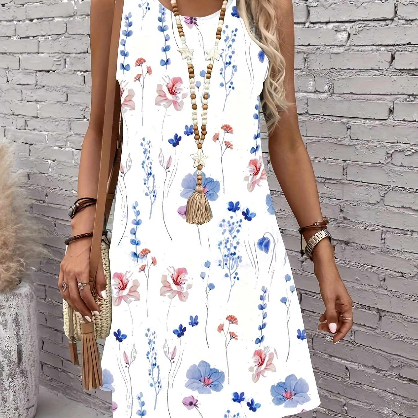 

Floral Print Crew Neck Tank Dress, Casual Sleeveless Dress For Spring & Summer, Women's Clothing