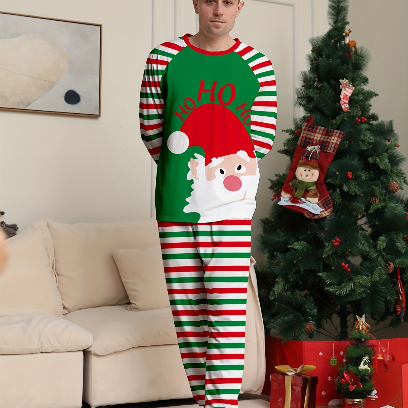 

Men's Trendy Casual Christmas Striped Pajamas Sets, Cartoon Santa Graphic Print Long Sleeve Crew Neck Top & Loose Pants Lounge Wear