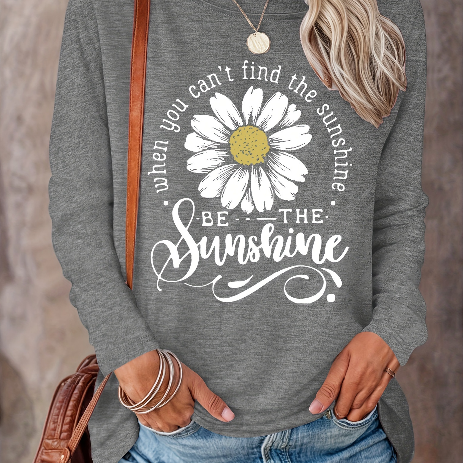 

Women's Inspirational Quote Crew Neck T-shirt - Polyester Blend Casual Long Sleeve Tee With Daisy Graphic - Alphabet Pattern Knit Fabric Top For Spring/fall