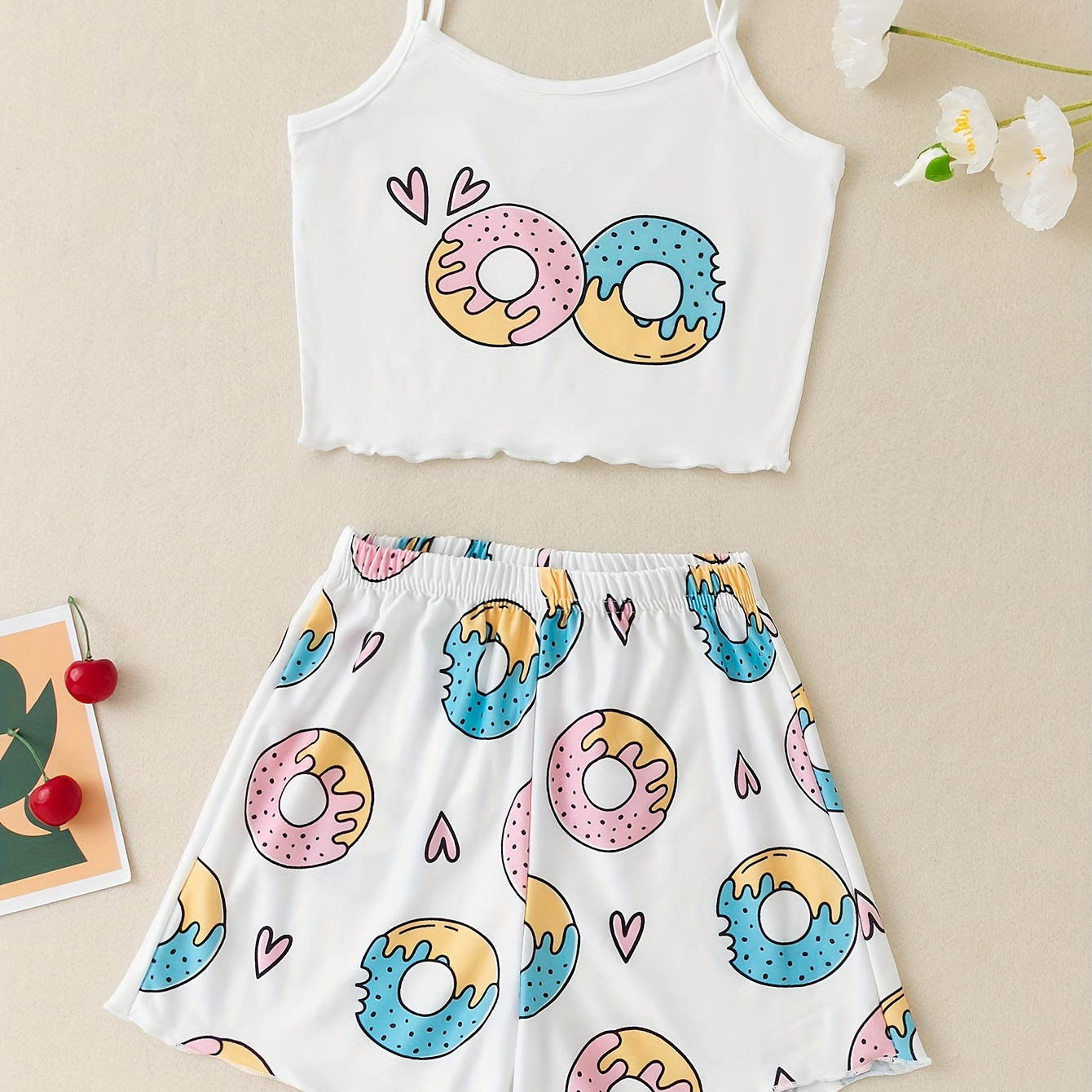 

2 Pcs Girls Cute Pajama Sets, Donut Print Camis & Shorts, Comfortable & Cute Style Princess Pajamas For Girls Cozy Loungewear