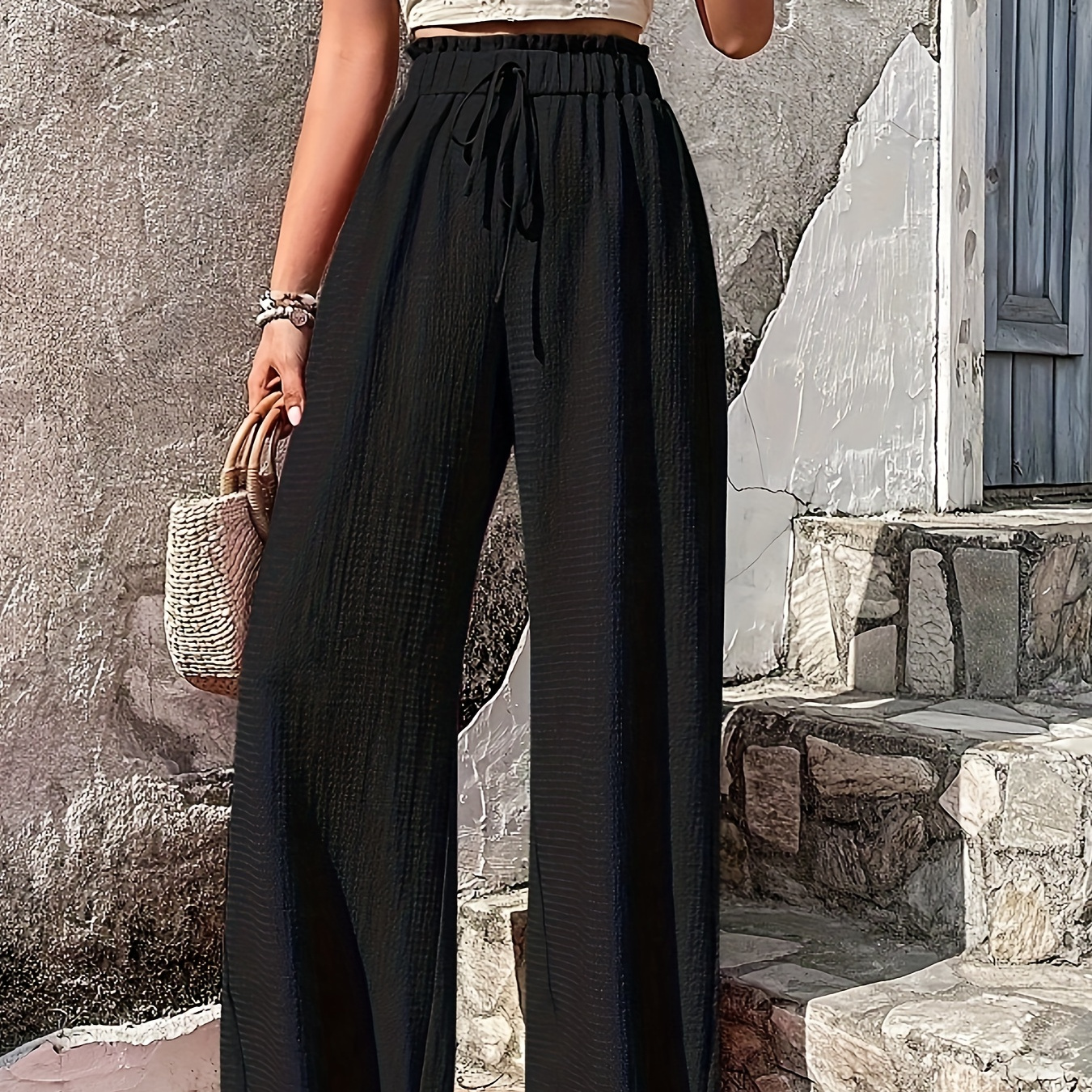 

Solid High Waist Pants, Casual Wide Leg Pants For Spring & Summer, Women's Clothing