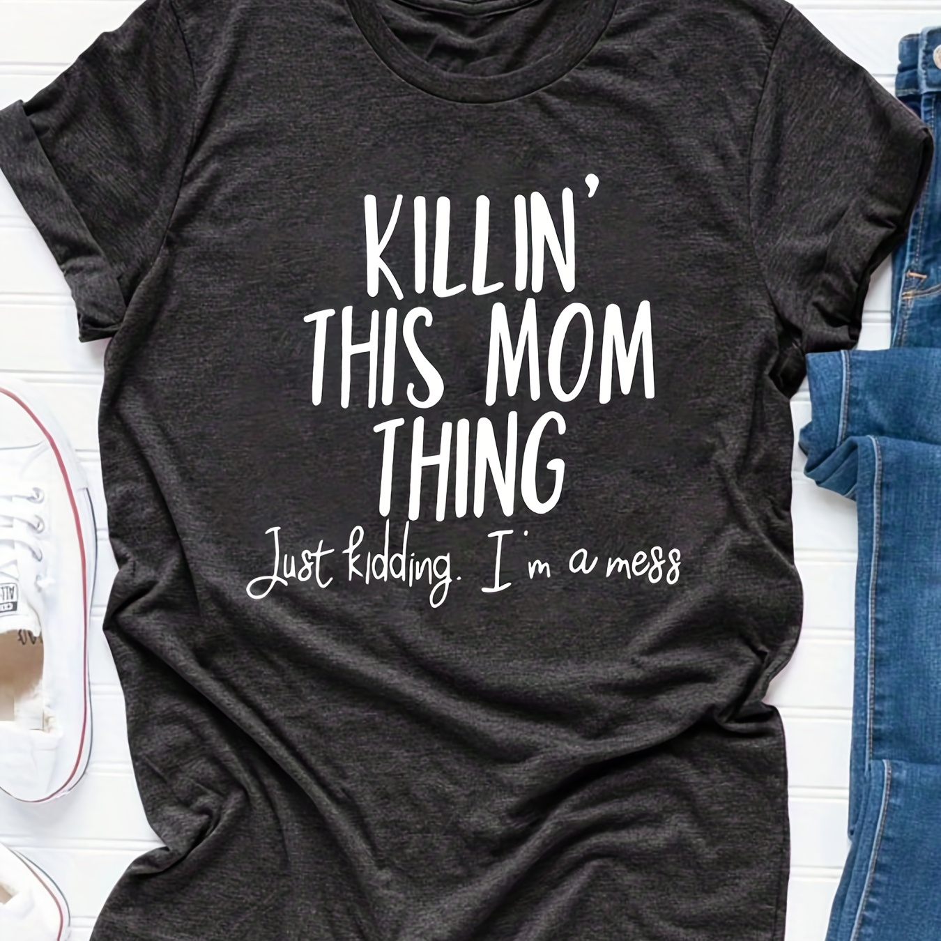 TEMU Plus Size - Plus Size - Summer Round Neck Plus Size Killin' This Mom Thing . I'm A Printed T-shirt