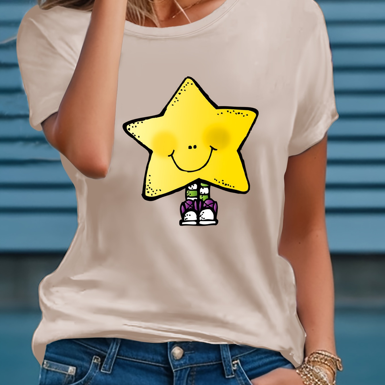 

Cartoon Star Print T-shirt, Casual Short Sleeve Crew Neck Top For Spring & Summer, Women's Clothing