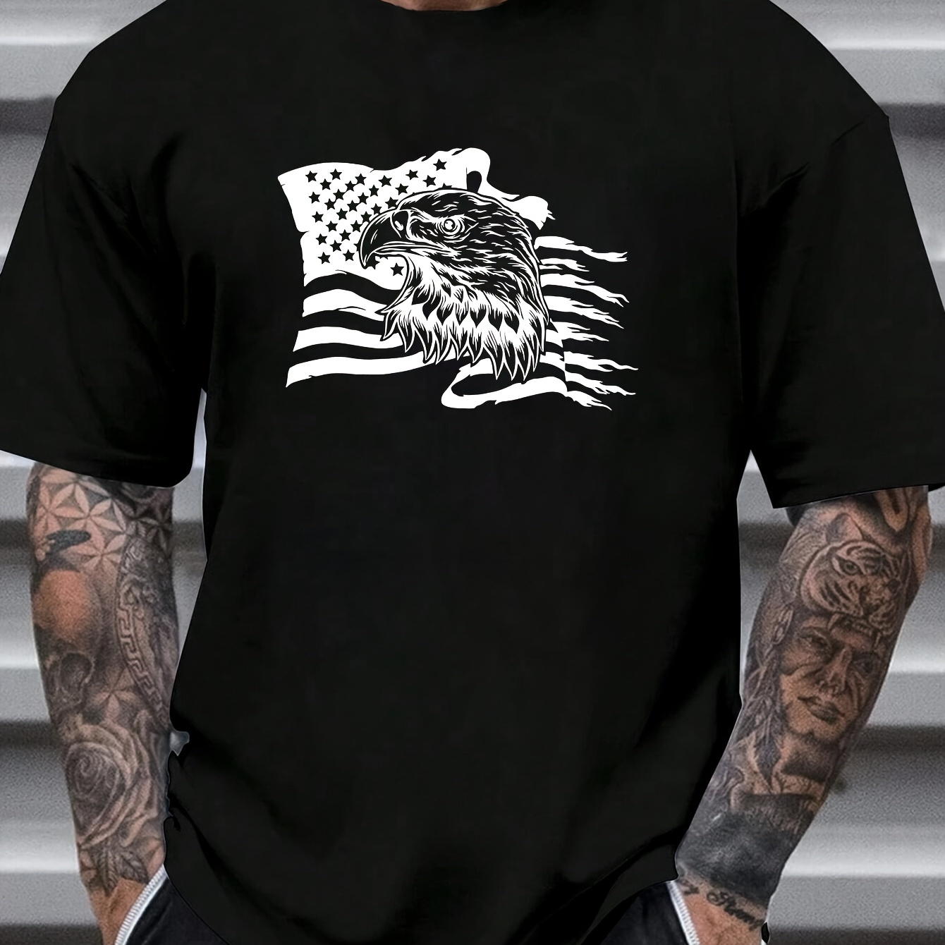 

200g Cotton Heavy Pound Men's Trendy T-shirts, Eagle Pattern & Solid Color, Simple & Causal, Quick Drying & Breathable