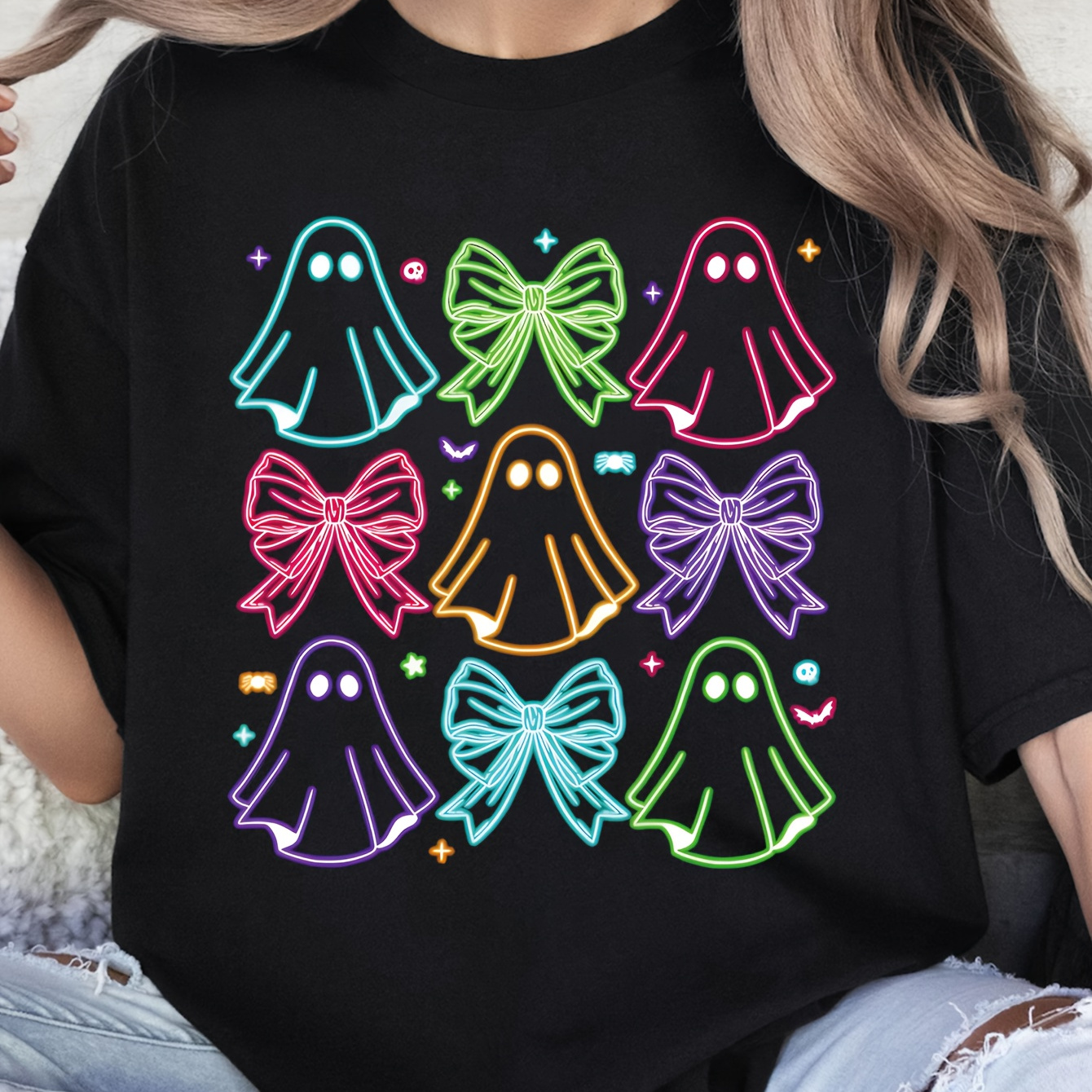 

Women's Plus Size T-shirt, Pkdze Casual Round Neck, Polyester Knit, Summer Graphic Tee With Neon And Bows Design, Stretchy Fabric, Fashion Top For Ladies