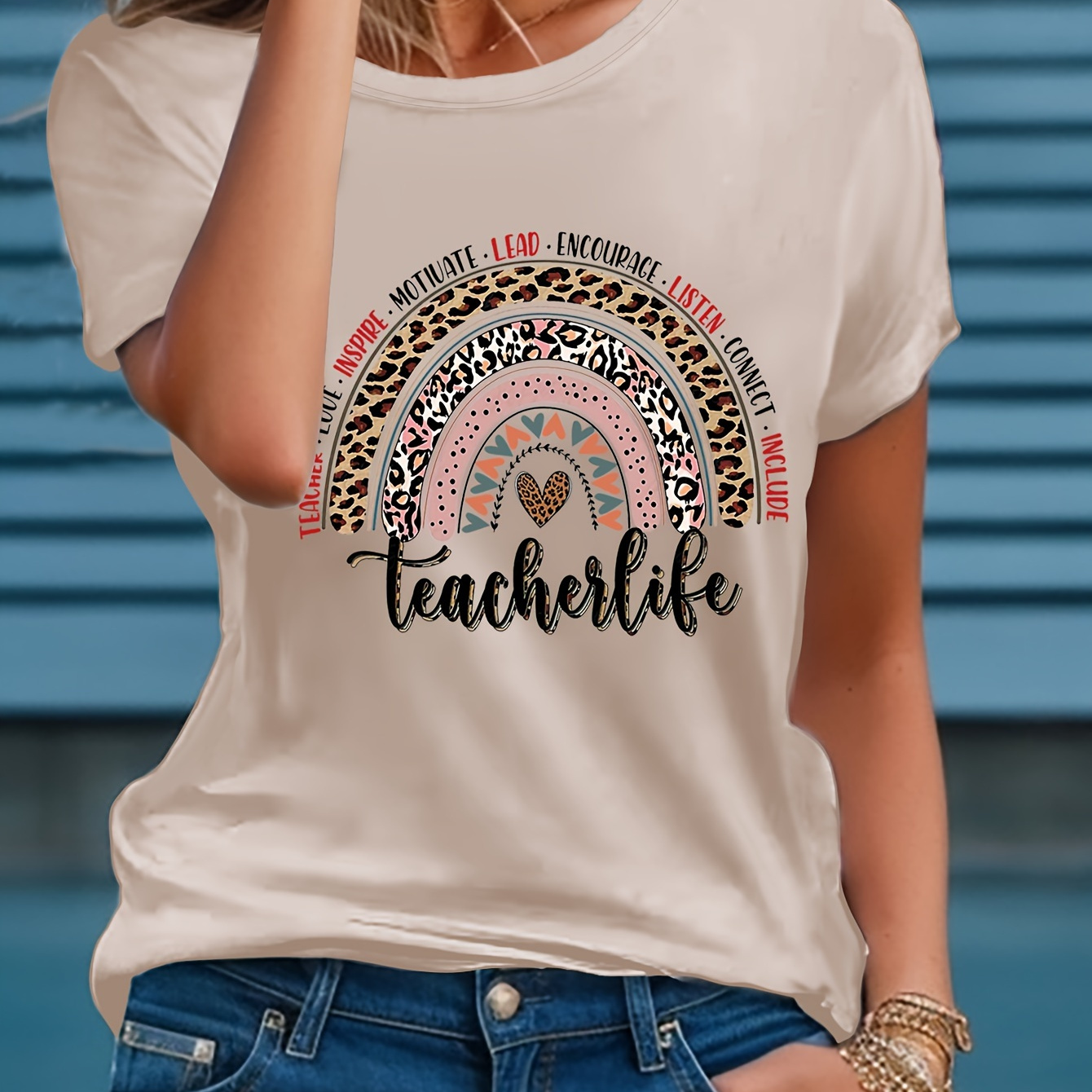 

Teacher Life Print T-shirt, Casual Short Sleeve Crew Neck Top For Spring & Summer, Women's Clothing