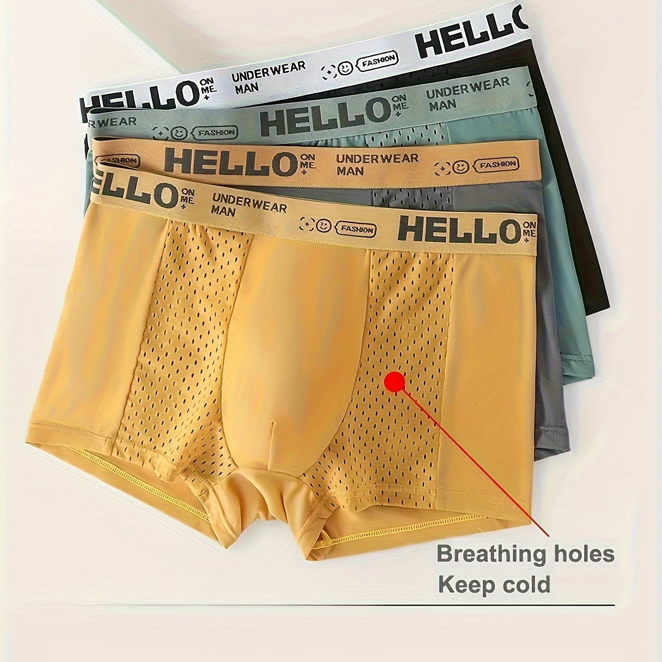 

4 boxers respirants en maille glacée pour hommes, sous-vêtements à séchage rapide avec trous de ventilation rafraîchissants, sous-vêtements confortables à la taille élastique pour hommes