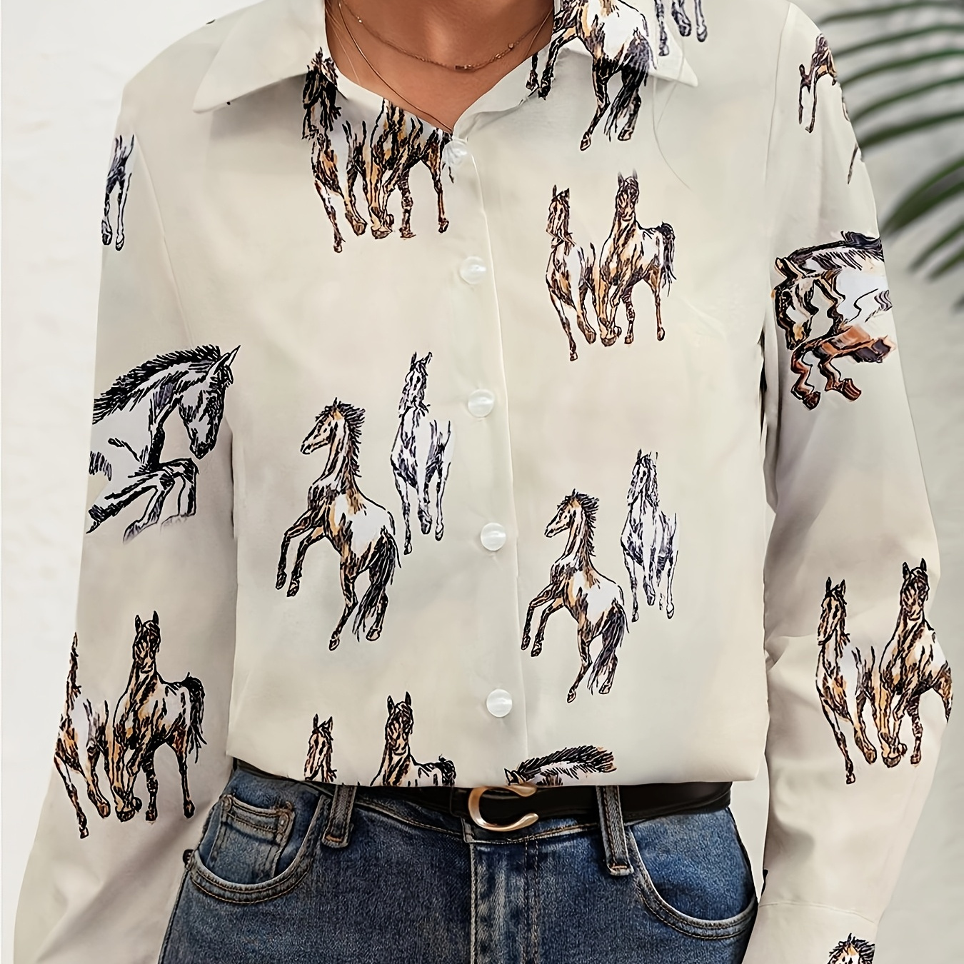 

Horse Print Button Up Shirt, Elegant Long Sleeve Collared Shirt For Spring & Fall, Women's Clothing
