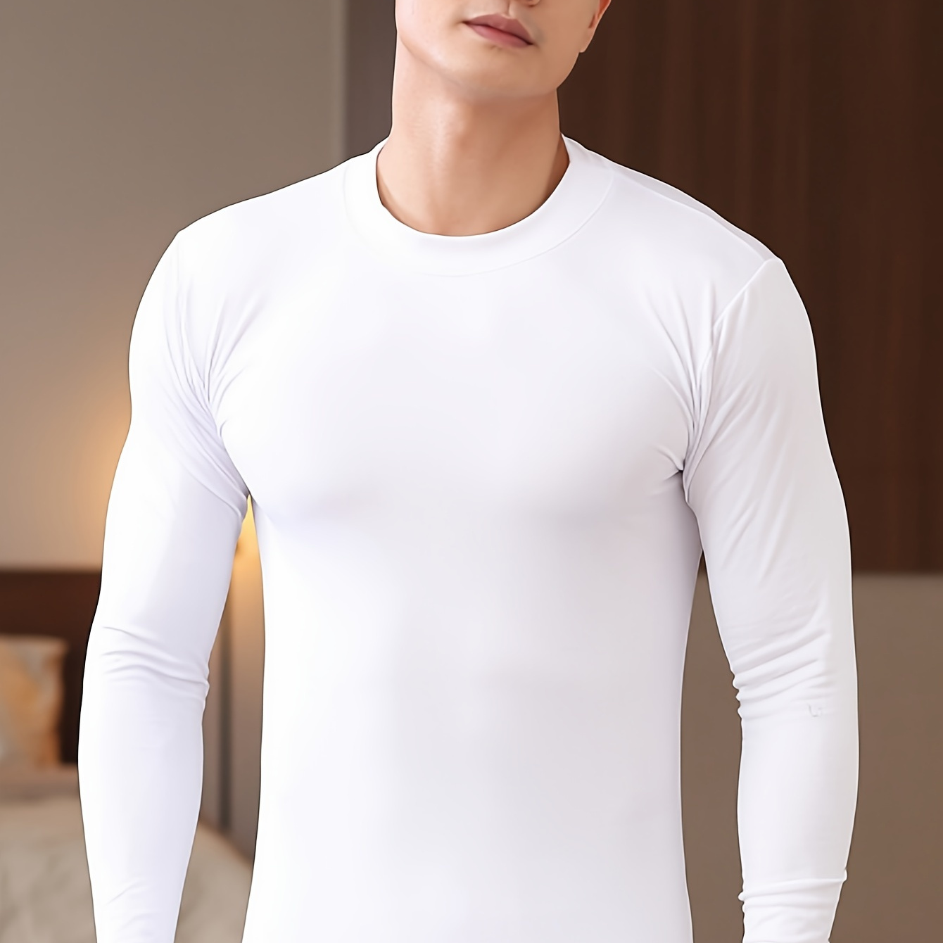 

Men's Fleece-lined Warm Thermal Underwear Top, Solid Color Stretchy Polyester Spandex, Round Neck - Fall/winter, ,