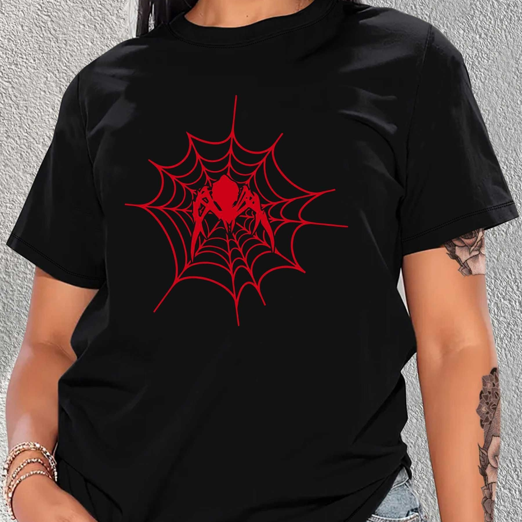 

Red Spider Print T-shirt, Short Sleeve Crew Neck Casual Top For Summer & Spring, Women's Clothing