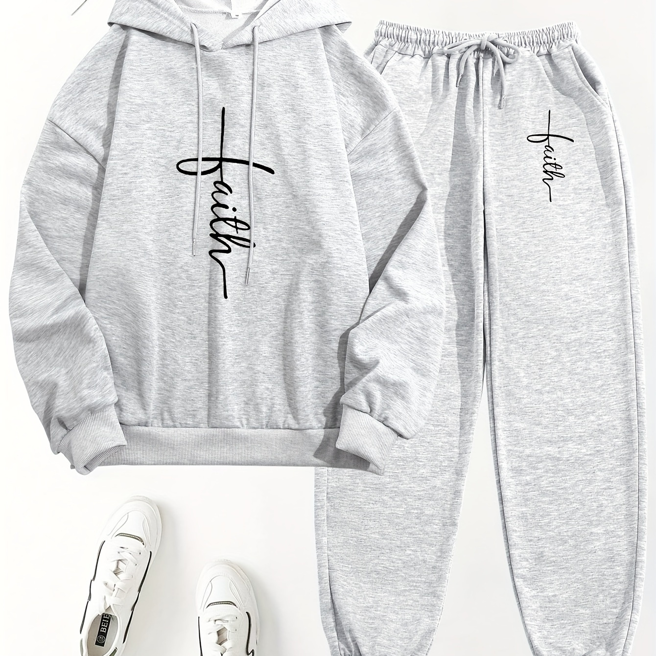 

Casual Faith Print Pantsuits, Long Sleeve Drawstring Hooded Sweatshirt & Pocket Jogger Pants Outfits, Women's Clothing
