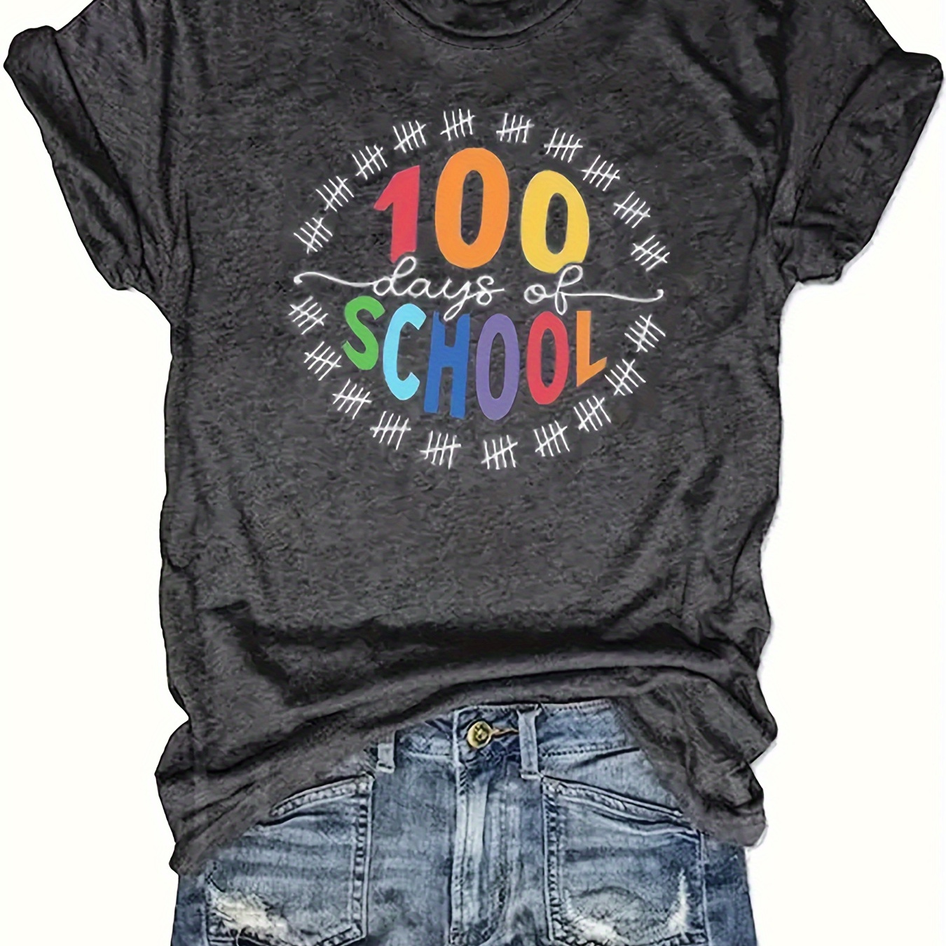 

100 Days Of School Print T-shirt, Casual Crew Neck Short Sleeve T-shirt For Spring & Summer, Women's Clothing