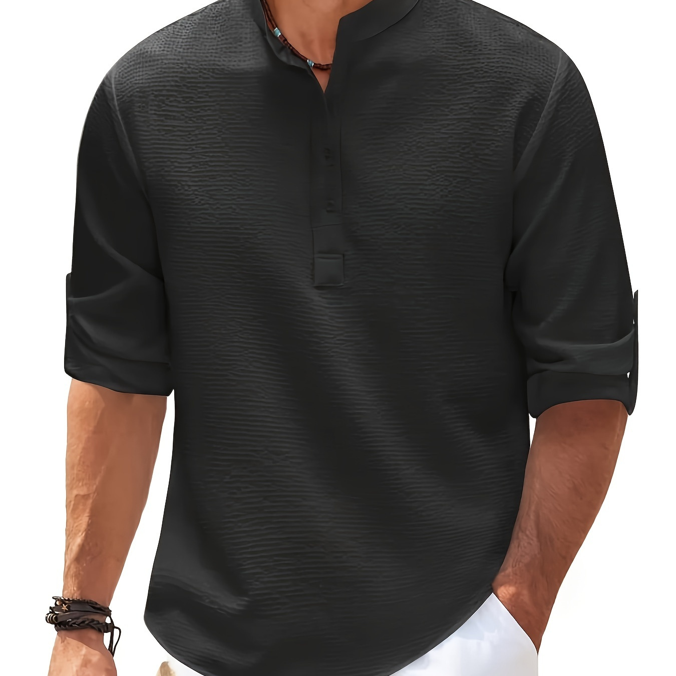 

Men' Textured Long Sleeve Henley Shirt, Casual Comfy Top For Spring And Fall As Gift