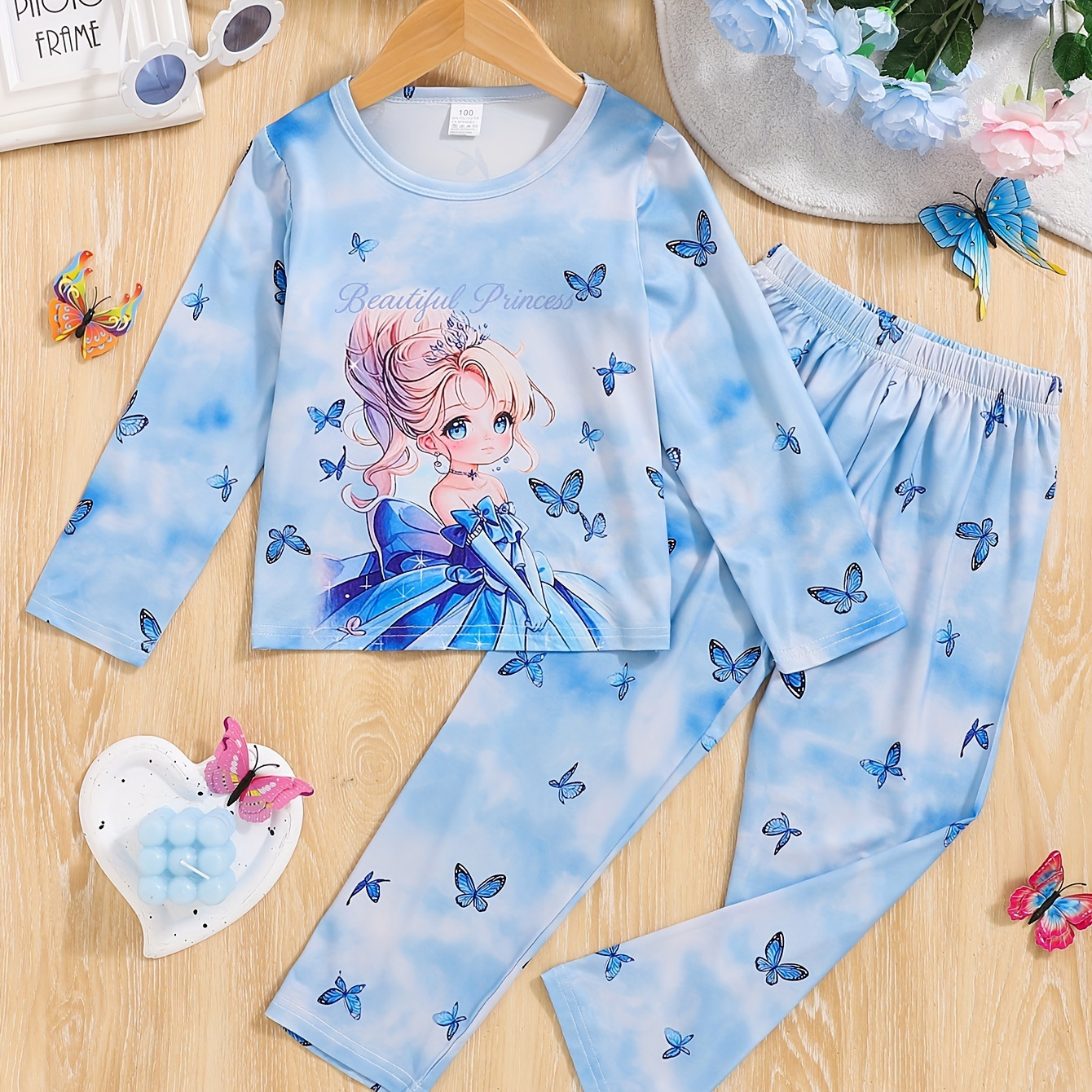 

Cute Cartoon Princess And Butterfly Print Children's Pajama Sets, Polyester Knit Fabric With Stretch, Crew Neck Long Sleeve Top And Pants For Girls, Spring/fall Casual Loungewear Set For Kids Under 12