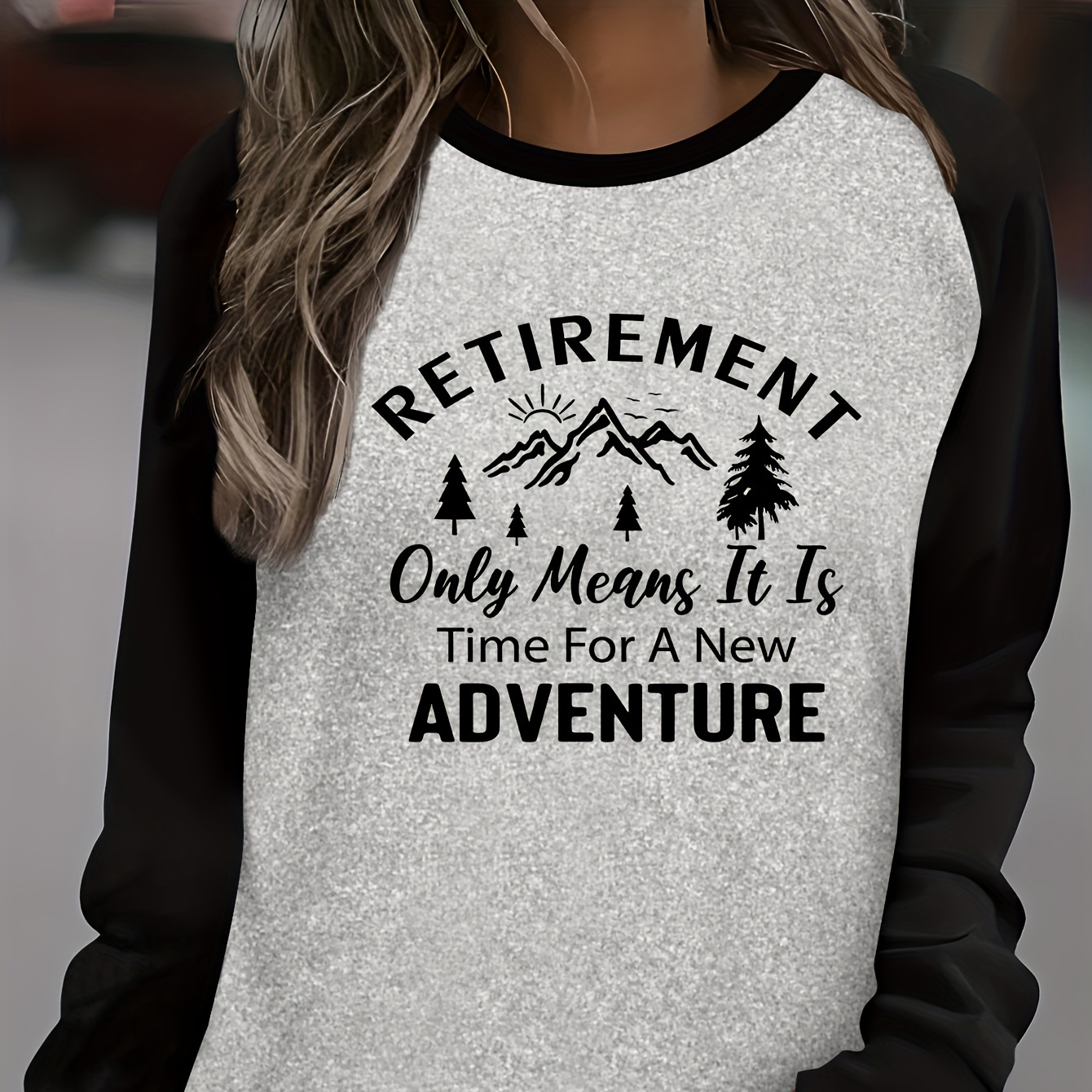 

Retirement Adventure Crew Neck Long Sleeve T-shirt - Casual Polyester Knit Fabric With Spandex, Applique Alphabet Print, Regular Fit For All Seasons