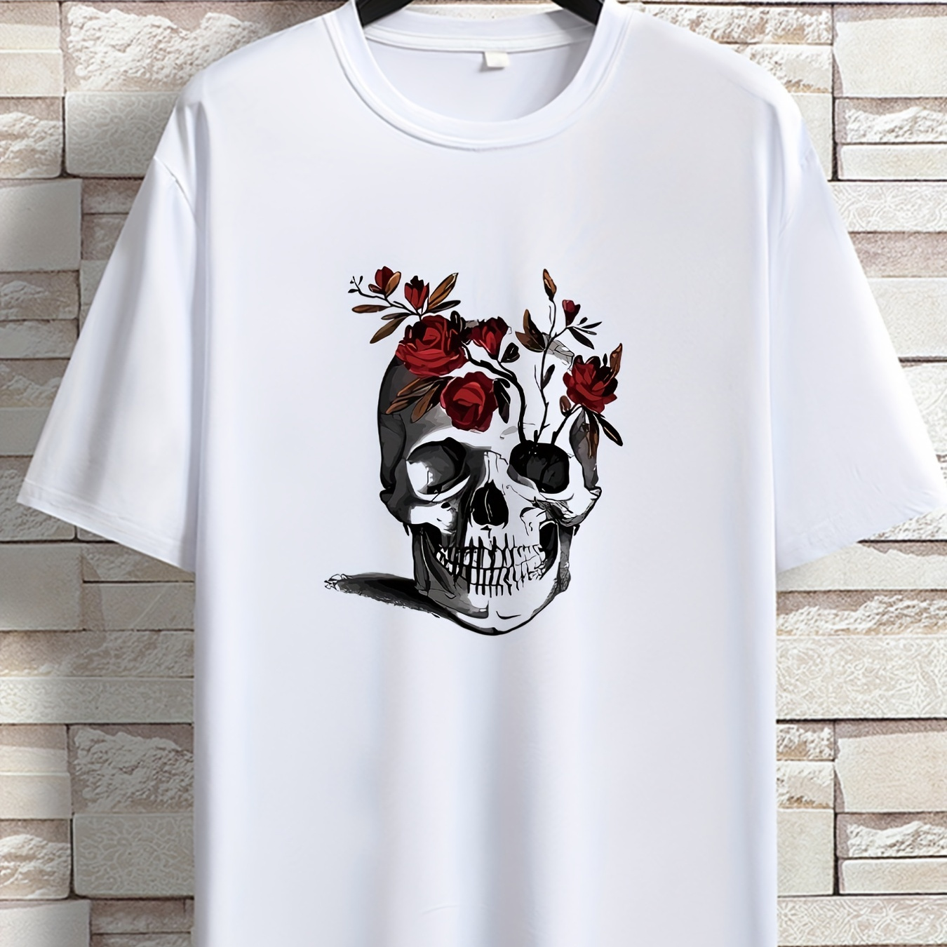 

Plus Size Men's Casual Graphic Tees For Summer, "skull And Rose" Print Crew Neck Oversized T-shirts, Trendy Chic Outfit Men's Clothings