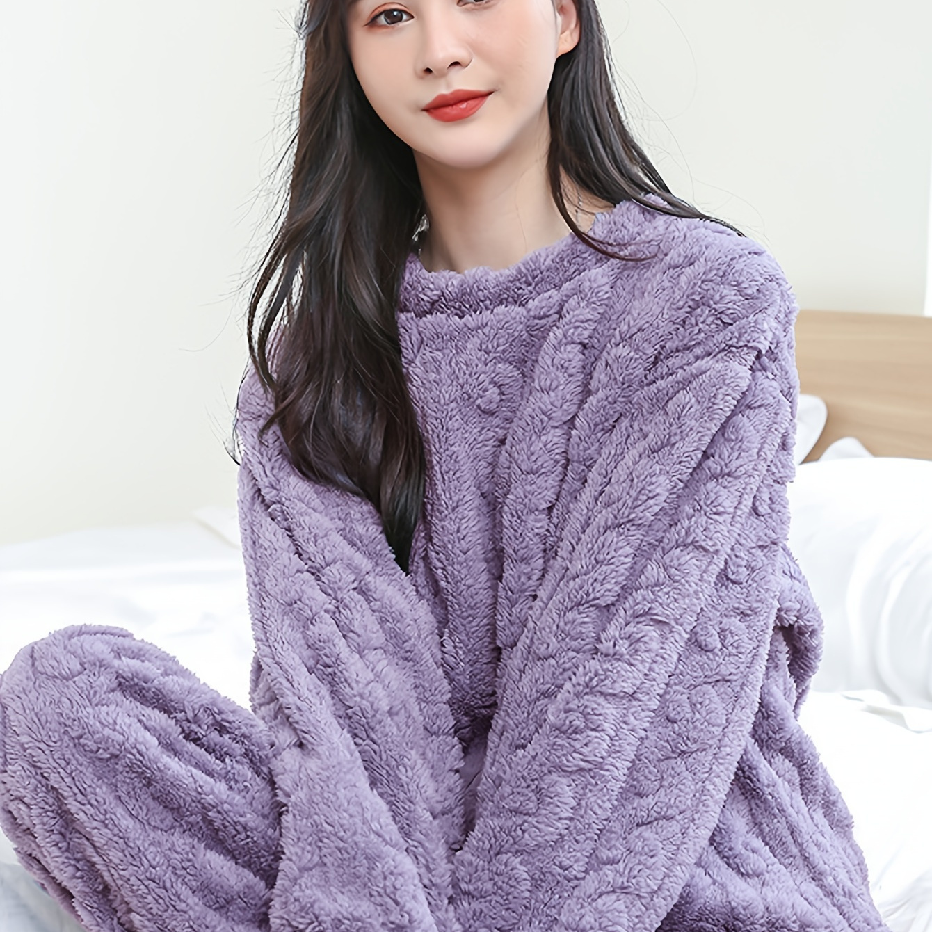 

2pcs Set, Purple Coral Velvet Pajamas For Women, Autumn And Winter, Flannel Clothes, Thickened Long Sleepwear, Casual Cardigan Set