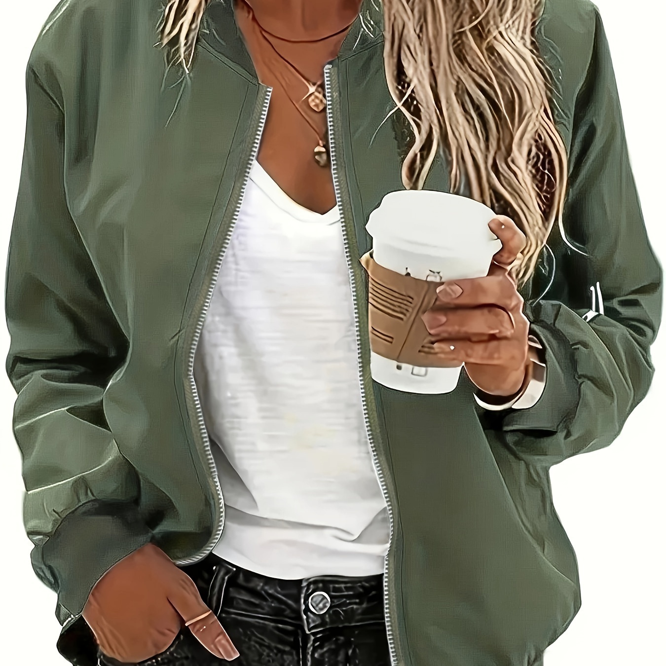 

Women's Olive Jacket - Casual Zip-up Style, Polyester , Machine Washable, Baseball Collar, Solid Color, Jacket| Style Jacket|smooth Texture Jacket