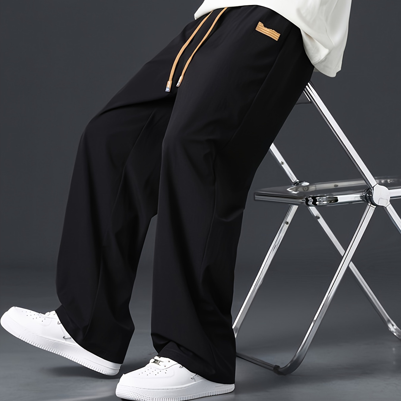 

Men's Casual Polyester Drawstring Active Pants - Comfortable Slight Stretch Knit Fabric With Solid , Waistband, Regular Fit Wide-leg Trousers