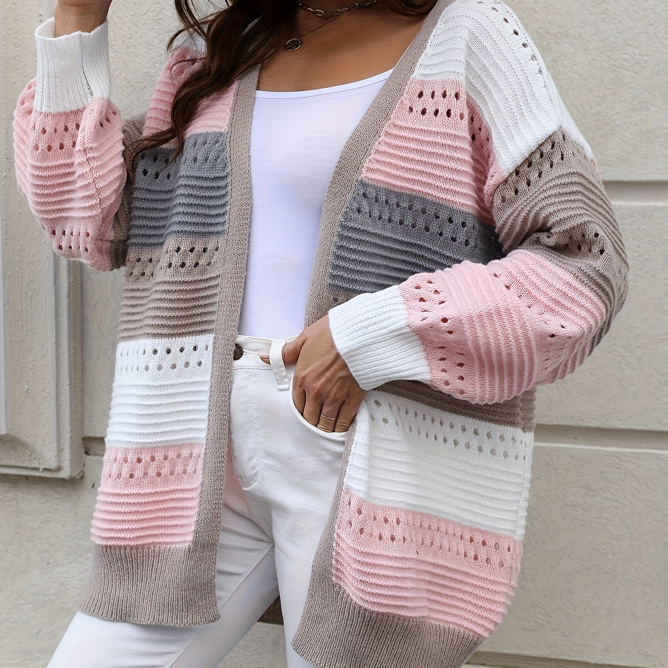 

Plus Size Colorblock Striped Cardigan, Casual Cut Out Long Sleeve Open Front Cardigan, Women's Plus Size clothing