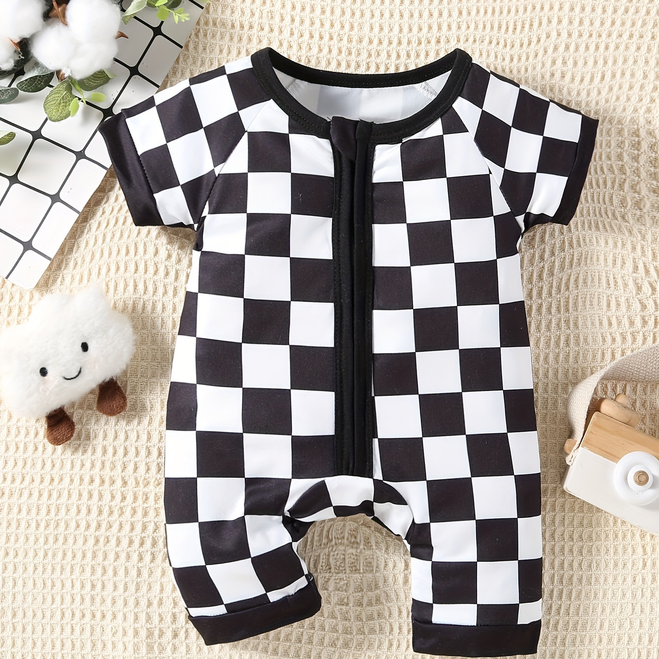 

Baby's Trendy Checkerboard Pattern Zip Up Bodysuit, Casual Short Sleeve Romper, Toddler & Infant Boy's Clothing