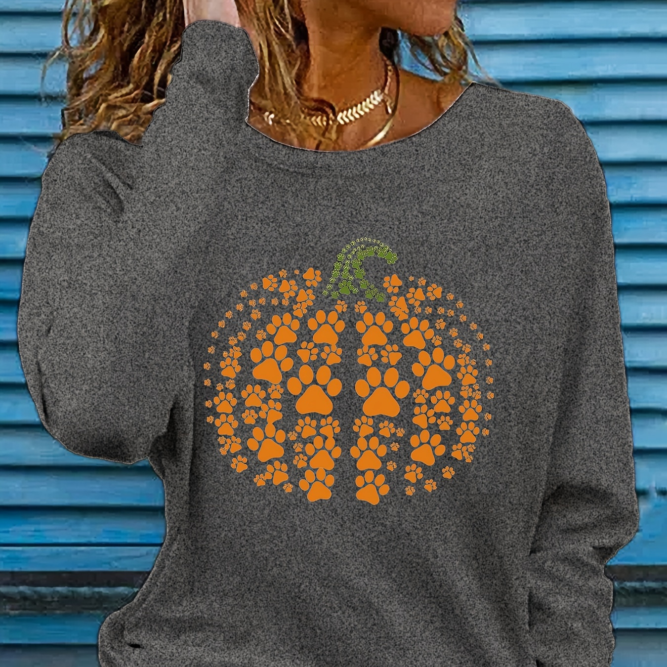 

Pumpkin Dog Paw Print T-shirt, Casual Crew Neck Long Sleeve T-shirt, Women's Clothing