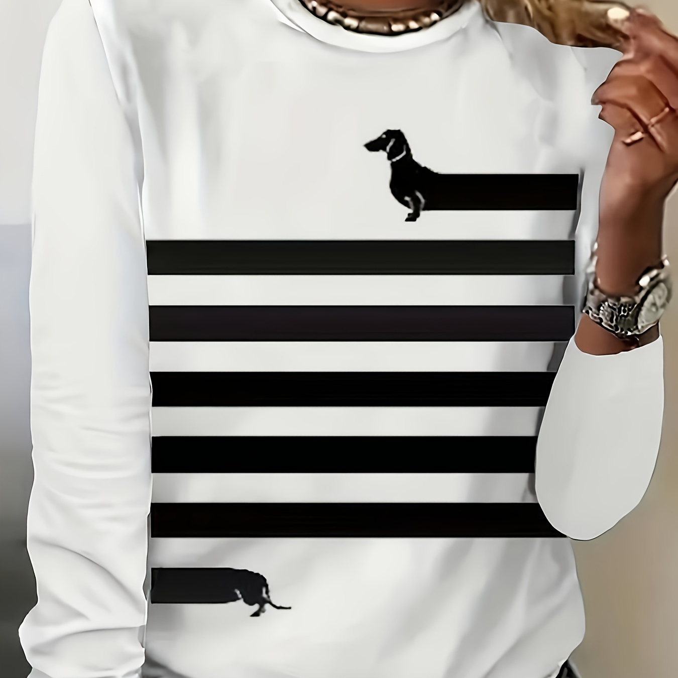 

Women's Casual Fashion Striped Crew Neck Long Sleeve T-shirt With Dachshund Print, Knitted Dacron And Spandex , Spring/summer/fall Fit Top