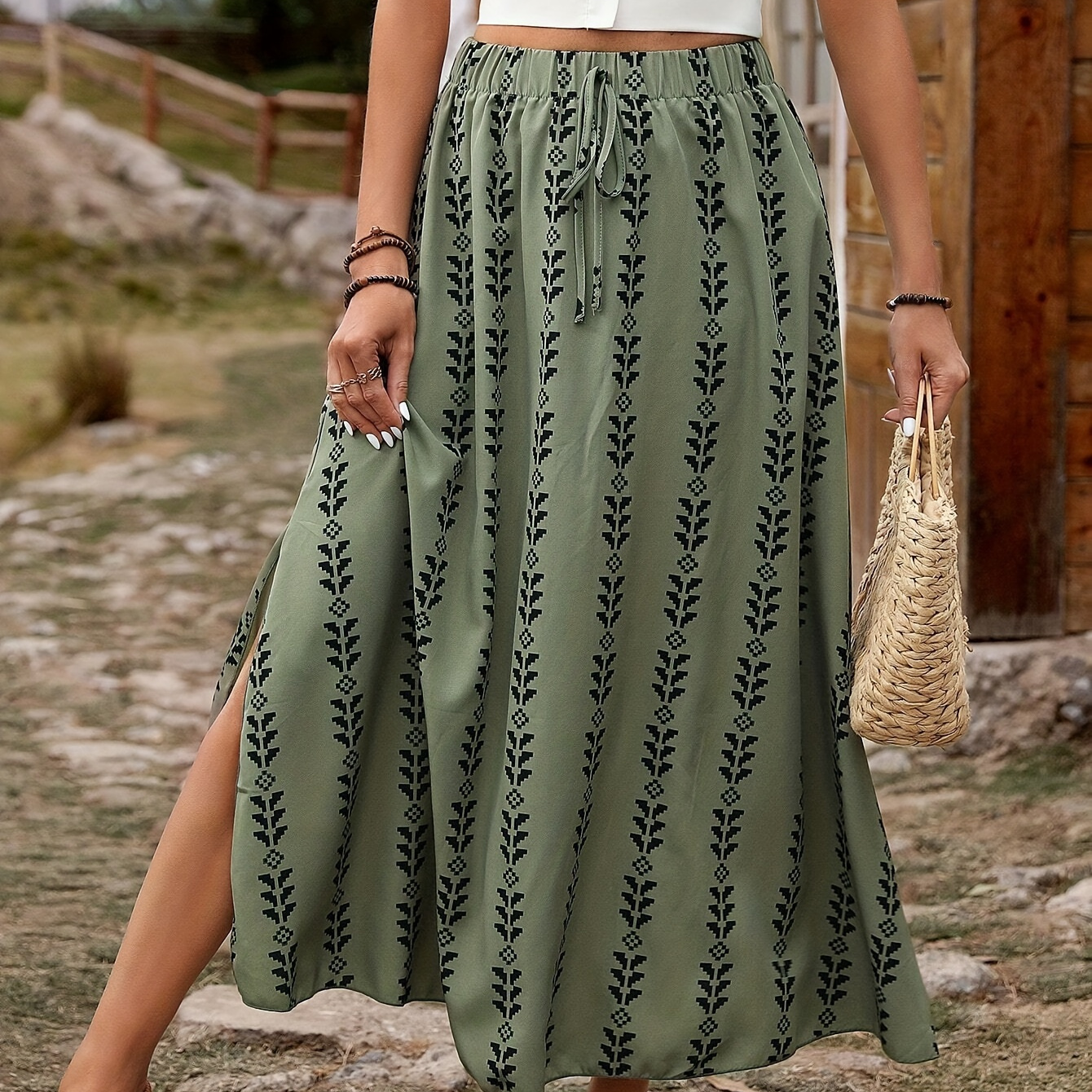

Ethnic Print Tied Skirt, Vintage High Wait Swing Vacation Style Skirt, Women's Clothing