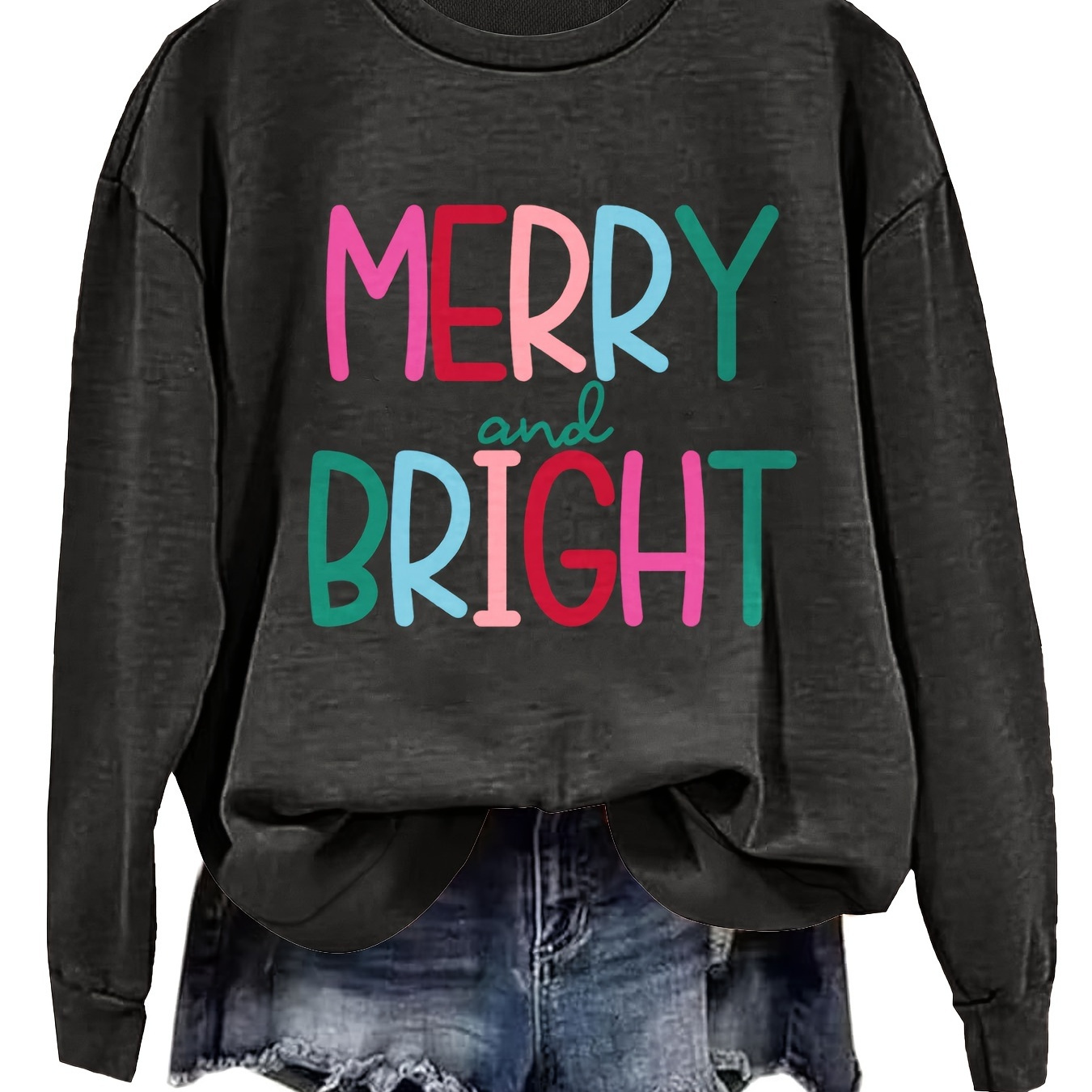 

Christmas Sweatshirt For Women - Casual Polyester Long Sleeve Hoodie With "merry And Bright" Lettering, Knit Fabric, Round Neck, All-season Comfort