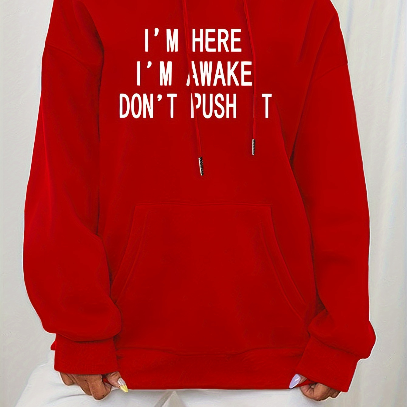 

Plus Size I'm Here Print Drawstring Hoodie, Casual Long Sleeve Sweatshirt For Fall & Winter, Women's Plus Size Clothing