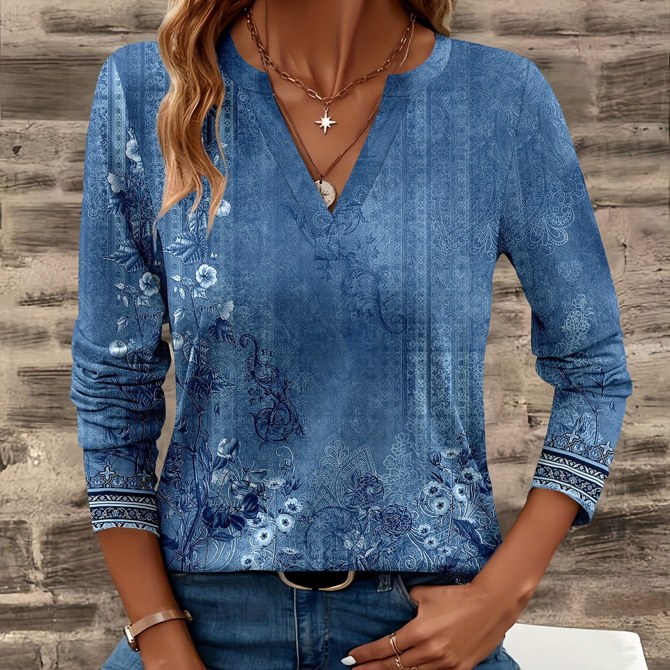 

Women's V-neck Long Sleeve T-shirt With Polyester Fabric, Elastane Stretch, Random Print, Elegant Style, Machine Washable