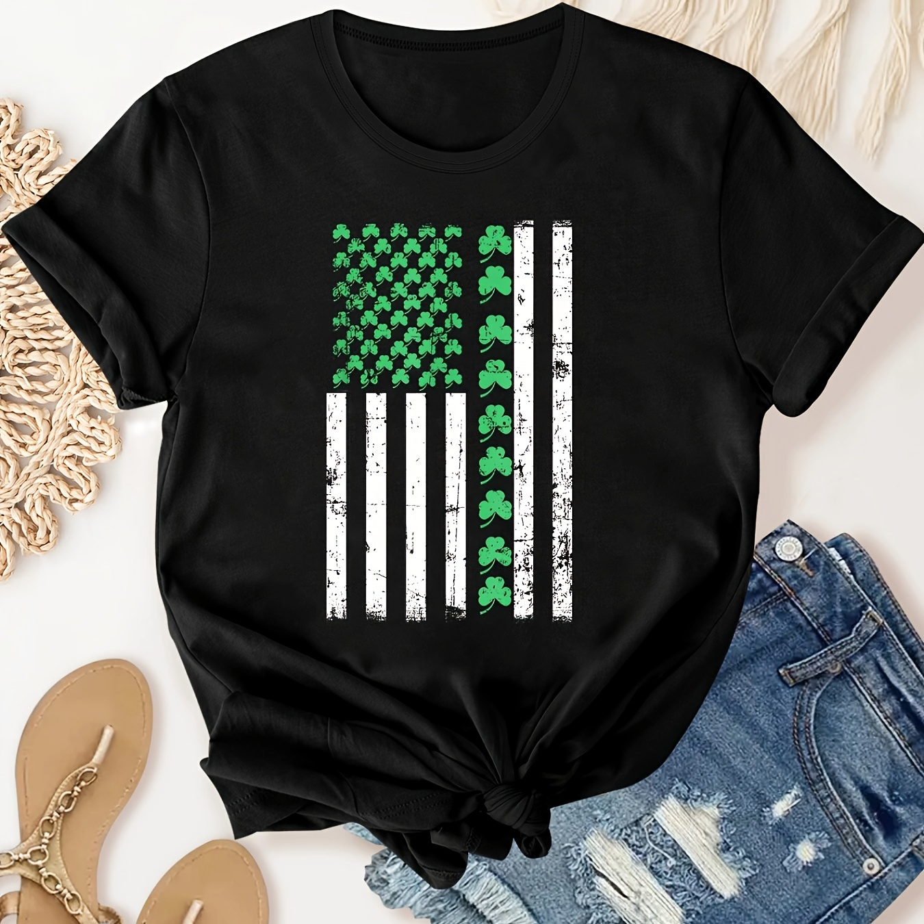 

American Flag St Patricks Day Vintage Irish Lucky Print Comfortable Sports T-shirt, Short Sleeves Crew Neck Workout Top, Women's Activewear