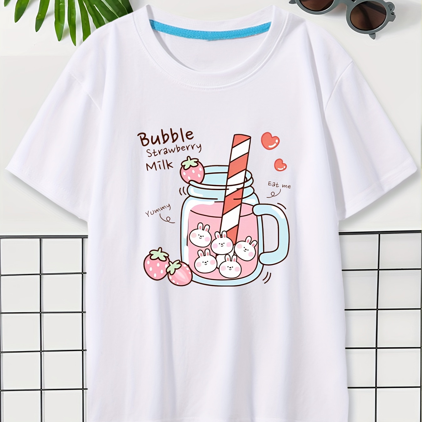 

Cartoon Bubble Strawberry Milk Print Short Sleeve T-shirt For Girls Summer Clothes