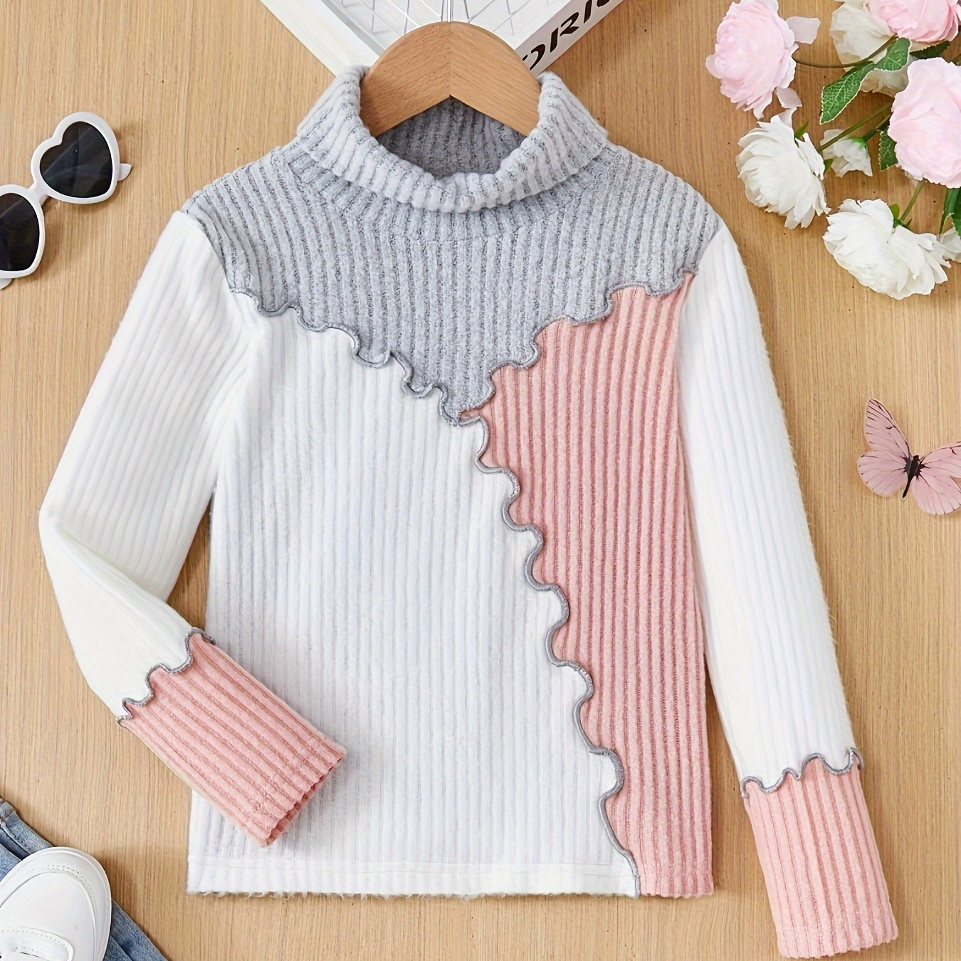 

Tween Girls Warm & Stylish Long Sleeve Color Block Ruffle Spliced Ribbed Turtle Neck T-shirt Top For Spring & Fall