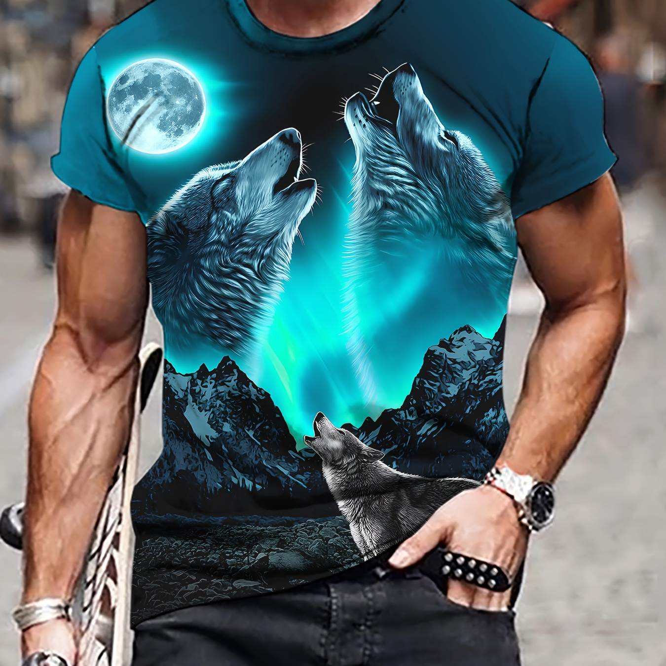 

Men's 3d Wolf Print T-shirt - Casual Polyester, Crew Neck, Short Sleeve, Machine Washable, Summer Graphic Tee With Wolf And Design