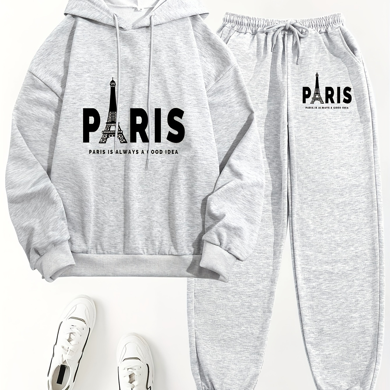 

Casual Paris Print Pantsuits, Long Sleeve Drawstring Hooded Sweatshirt & Pocket Jogger Pants Outfits, Women's Clothing